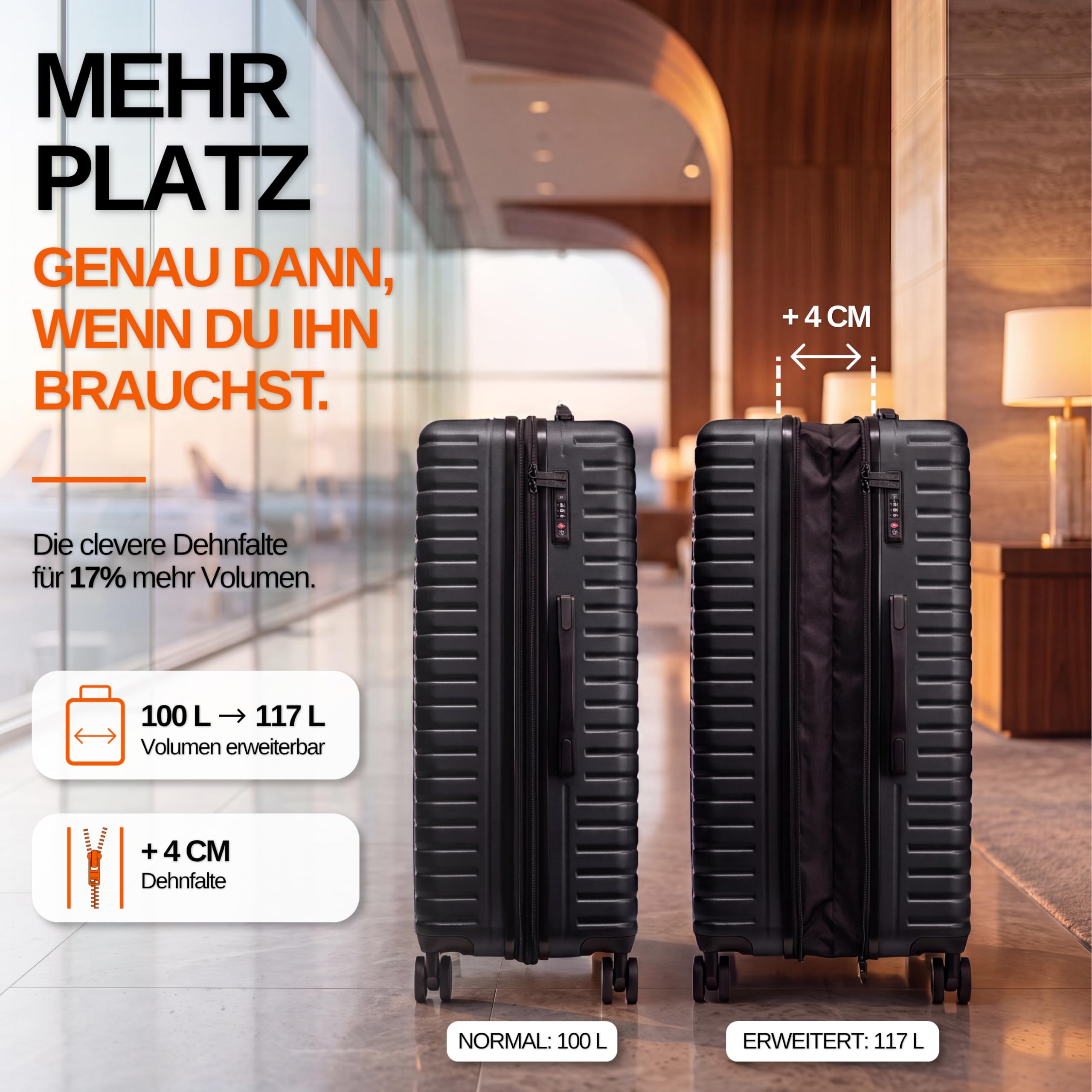 Cocoono Hartschalenkoffer XL Groß - 100L Volumen erweiterbar auf 117L - 158cm Gurtmaß - 8 Rollen 360° drehbar - Leichter Koffer mit TSA Schloss & Teleskopgestänge - Reisekoffer (Schwarz, XL)