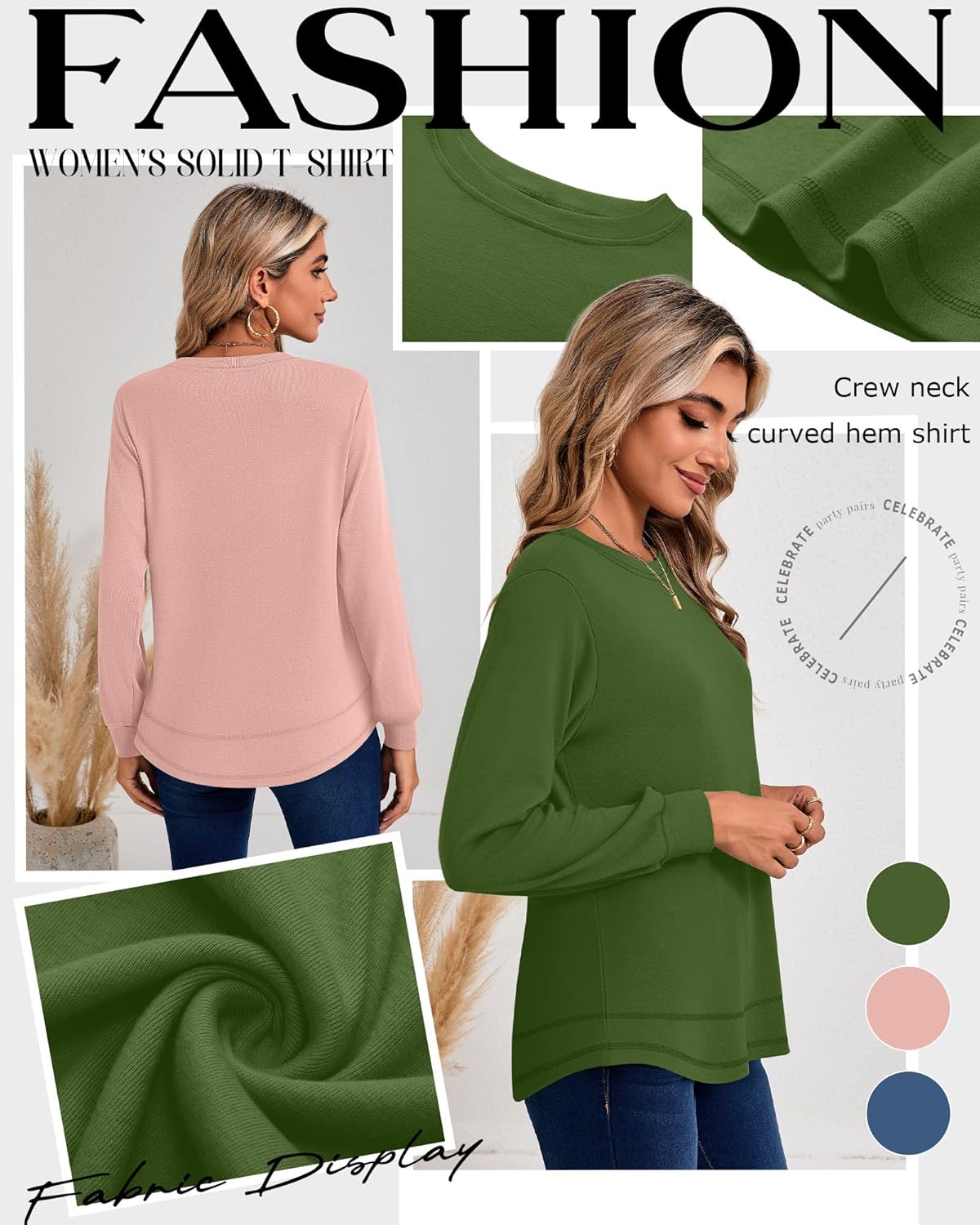 Ficerd 3 Pack Women's Long Sleeve Shirts, Cotton Crew Neck Tunic Tops Casual Loose Fit Pullover Sweatshirts Curved Hem Shirts - Image 4