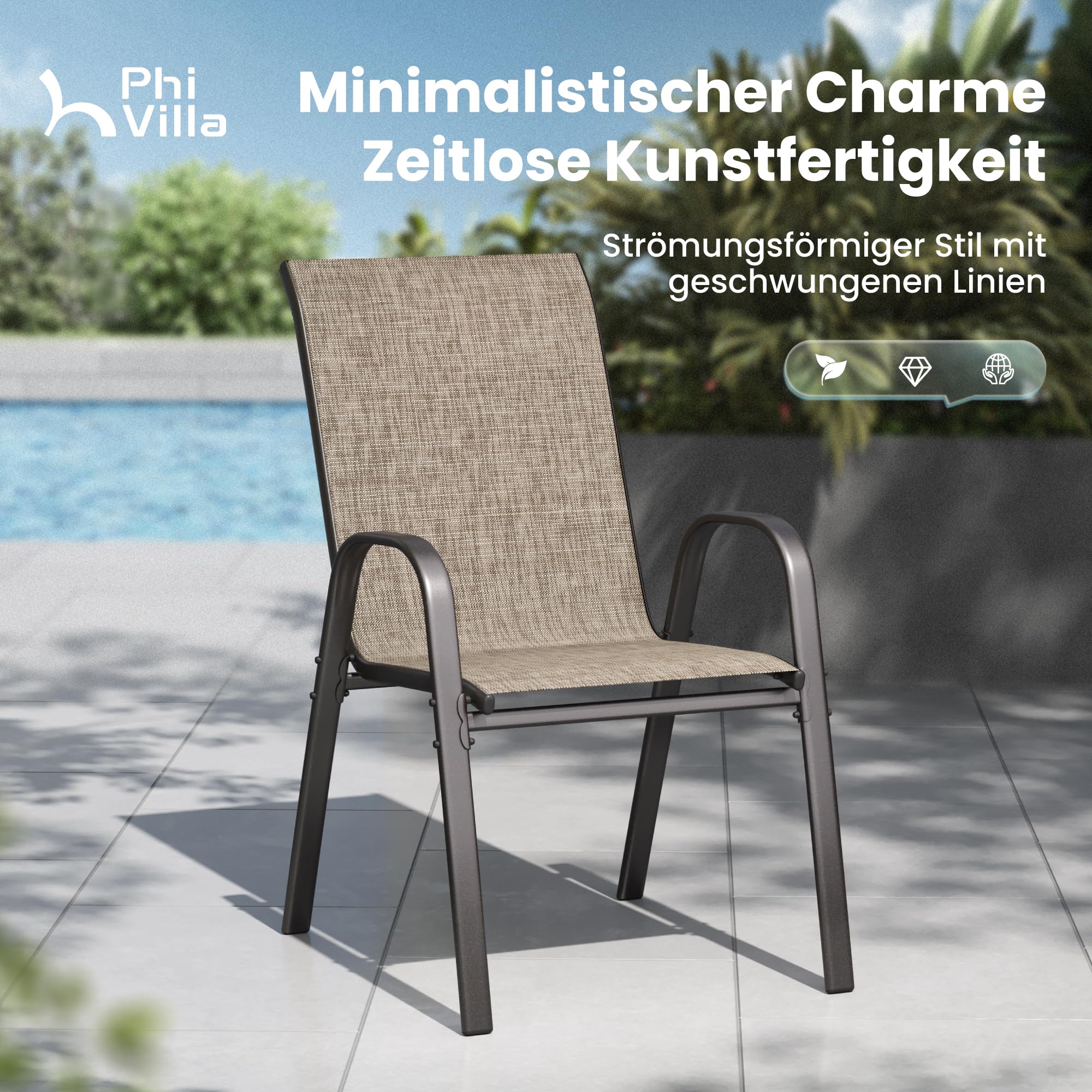 PHI VILLA Gartenstühle 6er Set, Gartensessel Stapelstühle Hochlehner, Wetterfest Terrassenstühle aus Textilene und E-Beschichtung Metall für Terrasse Veranda Hinterhof Poolbereich