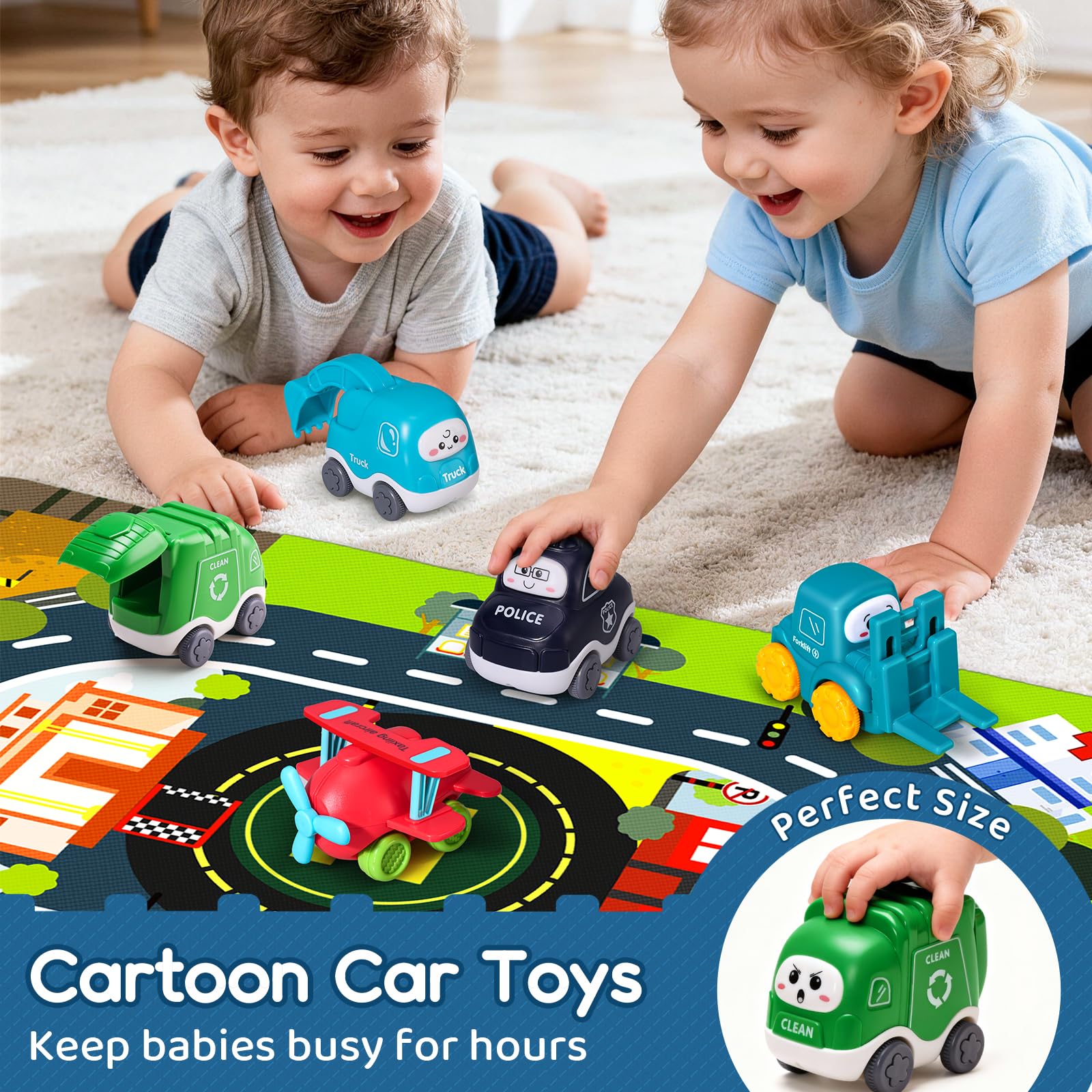 lerrbo 6 PCS Cartoon Lastwagen Auto Spielzeug mit Kräne/Spielmatte/Aufbewahrungstasche|Spielzeug ab 1 Jahr|Babyspielzeug für 1+ Jahre Alten Jungen|Geschenk 1 Jahr Junge
