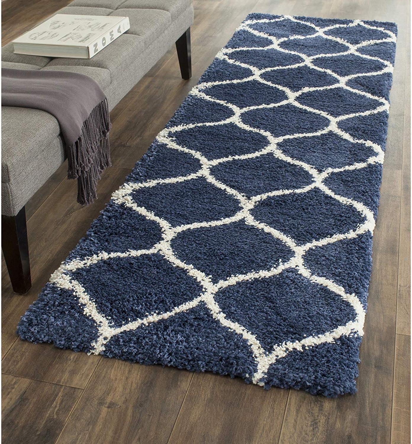 SHRADHA HOME FURNISHING Modern Shaggy Carpets and Rugs for Hall, Offices, Kitchens, Bedroom, Living Room and Cabins (2 x 5 feet, Blue & Ivory)