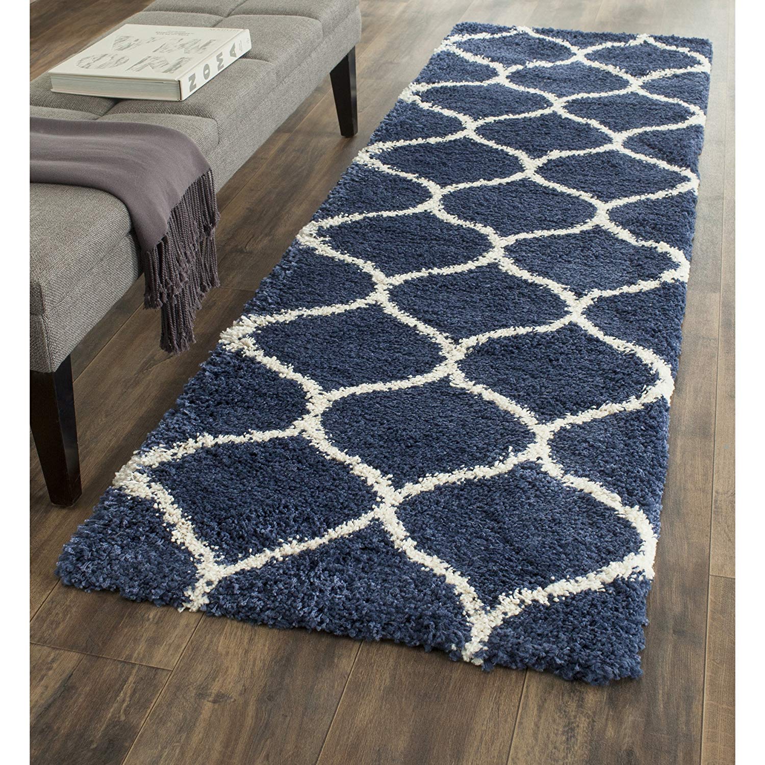 SHRADHA HOME FURNISHING Modern Shaggy Carpets and Rugs for Hall, Offices, Kitchens, Bedroom, Living Room and Cabins (2 x 5 feet, Blue & Ivory)