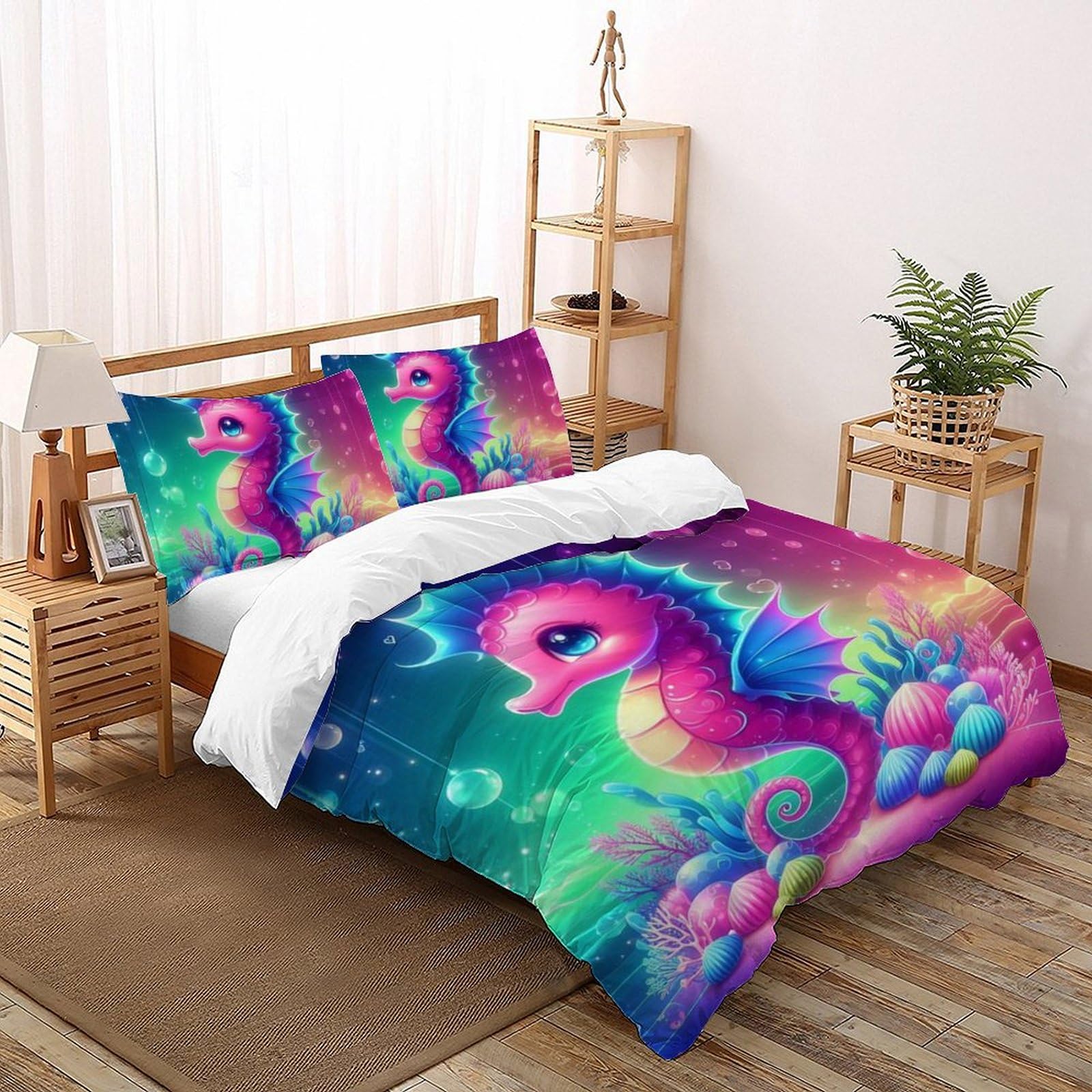 Housse de couette hippocampe microfibre 200x200 : literie douce anti-plis pour lit double