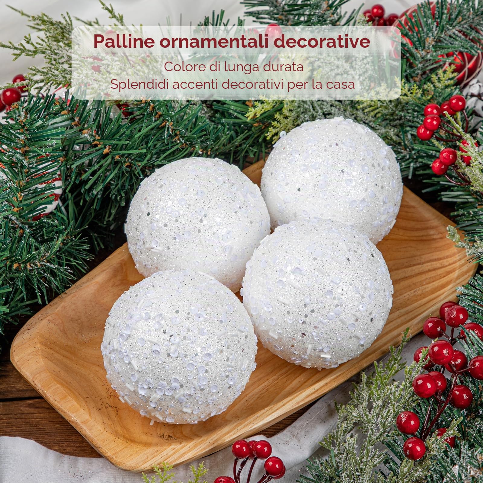 Oairse Palline di Natale grandi, 10 cm, 6 pezzi, infrangibili, bianche, per albero di Natale, glitter, decorazioni per albero di Natale, Halloween, vacanze, matrimoni, feste