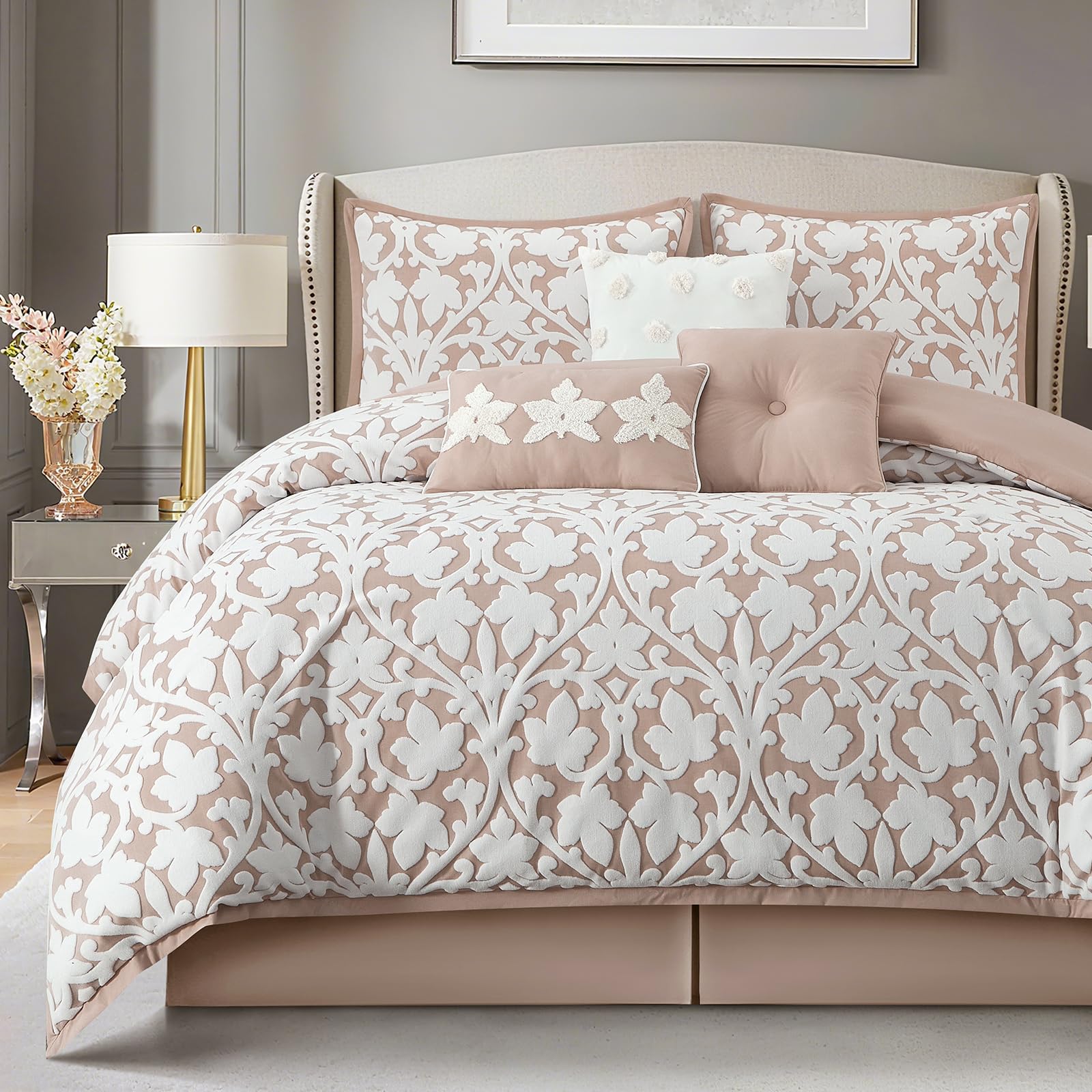 LANCO MODERN LIFESTYLE 7 Pieces Comforter Set, King, Blush, Jacquard Floral Pattern and Classy Damask Medallion Design, Ultra Soft, Includes Bed Skirt
