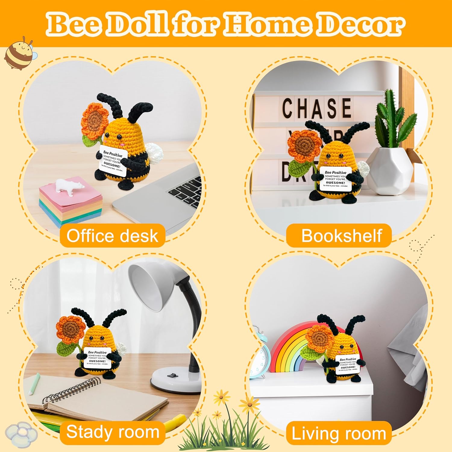 Mini Funny Bee Positive Crochet Animals - Valentines Day Birthday Gifts for Women Men Teens, Cheer Up Appreciation Gifts for Coworkers, Husbands, Friends, Handmade Emotional Support Crochet Bee Decor - Image 6