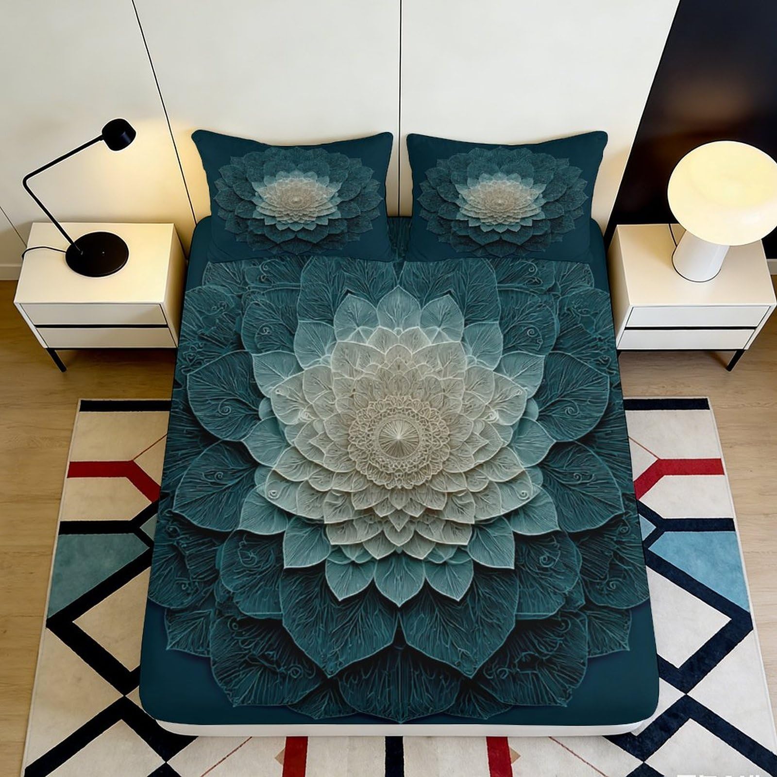 3D Printed Lotus Flower Fitted Sheet Microfiber Soft Breathable Mandala Bed Cover for Bedroom Guest Room Decor 180x200x25cm