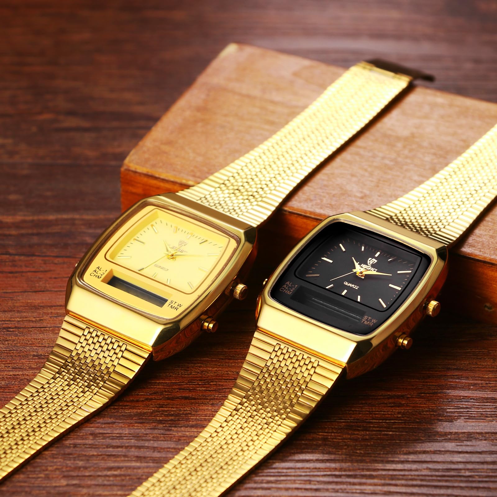 JewelryWe Zegarek męski cyfrowy kwarcowy: 2 szt. 30 m wodoszczelny analogowy zegarek na rękę zegarek cyfrowy męski złoty stal szlachetna bransoletka chronograf zegarek z prostokątnym cyferblatem,