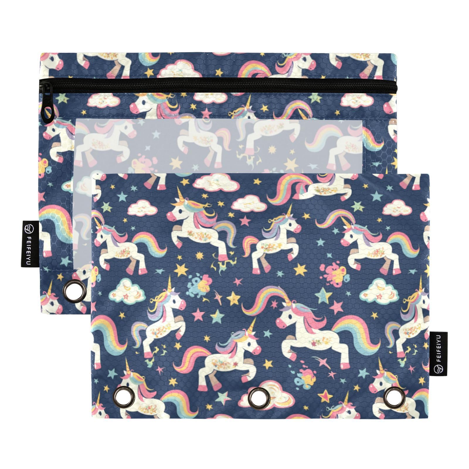 Binder Pouches,Cute Cartoon Unicorn Pencil Pouch for 3 Ring Binder 2 Pack Clear Pencil Bag with Zipper for Office School Supplies