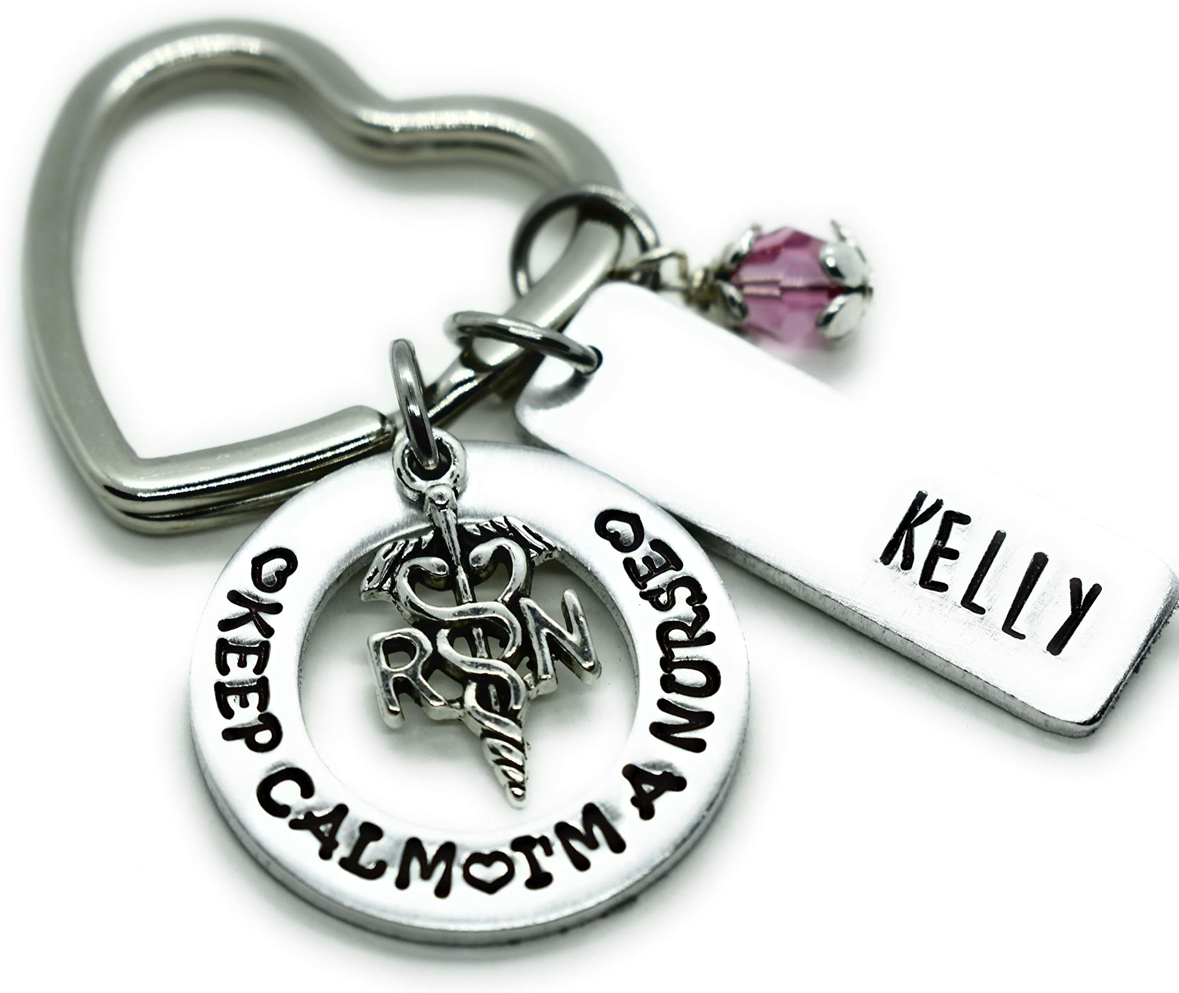 Personalized nurse keychain, gift for nurse, name charm and birthstone, keep calm i'm a nurse