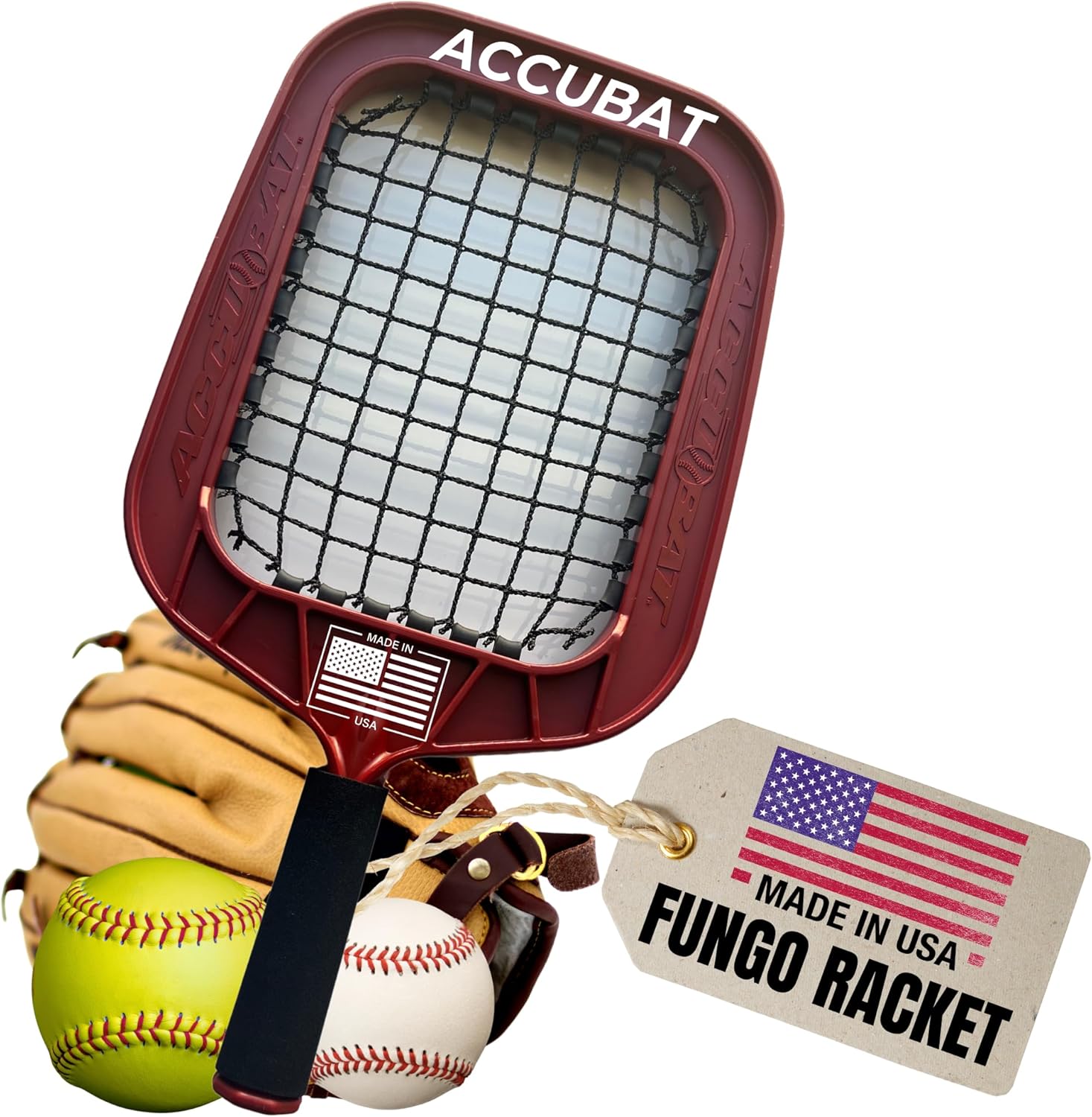 Accubat Fungo Racket for Baseball & Softball Training - Baseball Racket with Durable Frame & Replaceable Netting - Quality Design for Accurate Fly Balls & Grounders - USA Made (20 Ounce, Red)
