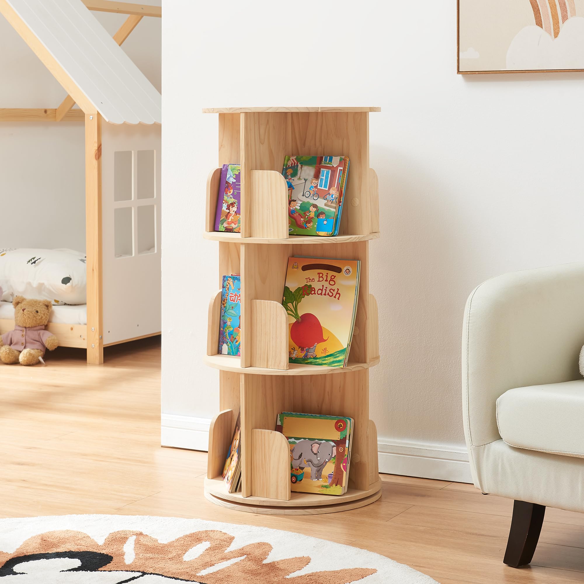 [en.casa] Bibliothèque Rotative pour Enfants avec 3 Niveaux 12 Compartiments de Rangement Étagère Pivotante pour Livres Décoration Jouets Bois de Pin 95 x 44 cm Naturel