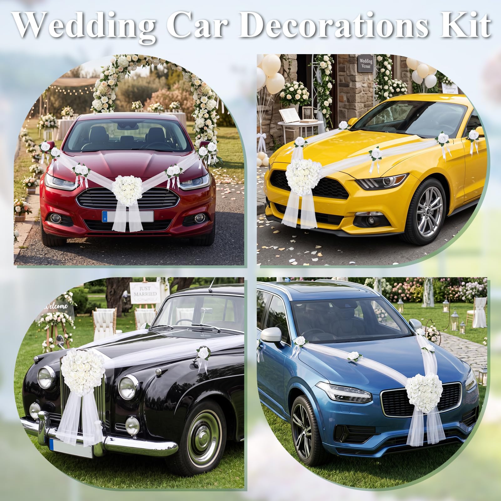 Yosoo Health Gear Décoration de Voiture de Mariage, Ensemble de Fleurs Artificielles, Guirlande de Ruban, Décoration pour Poignée de Porte de Capot (en Forme de Coeur)