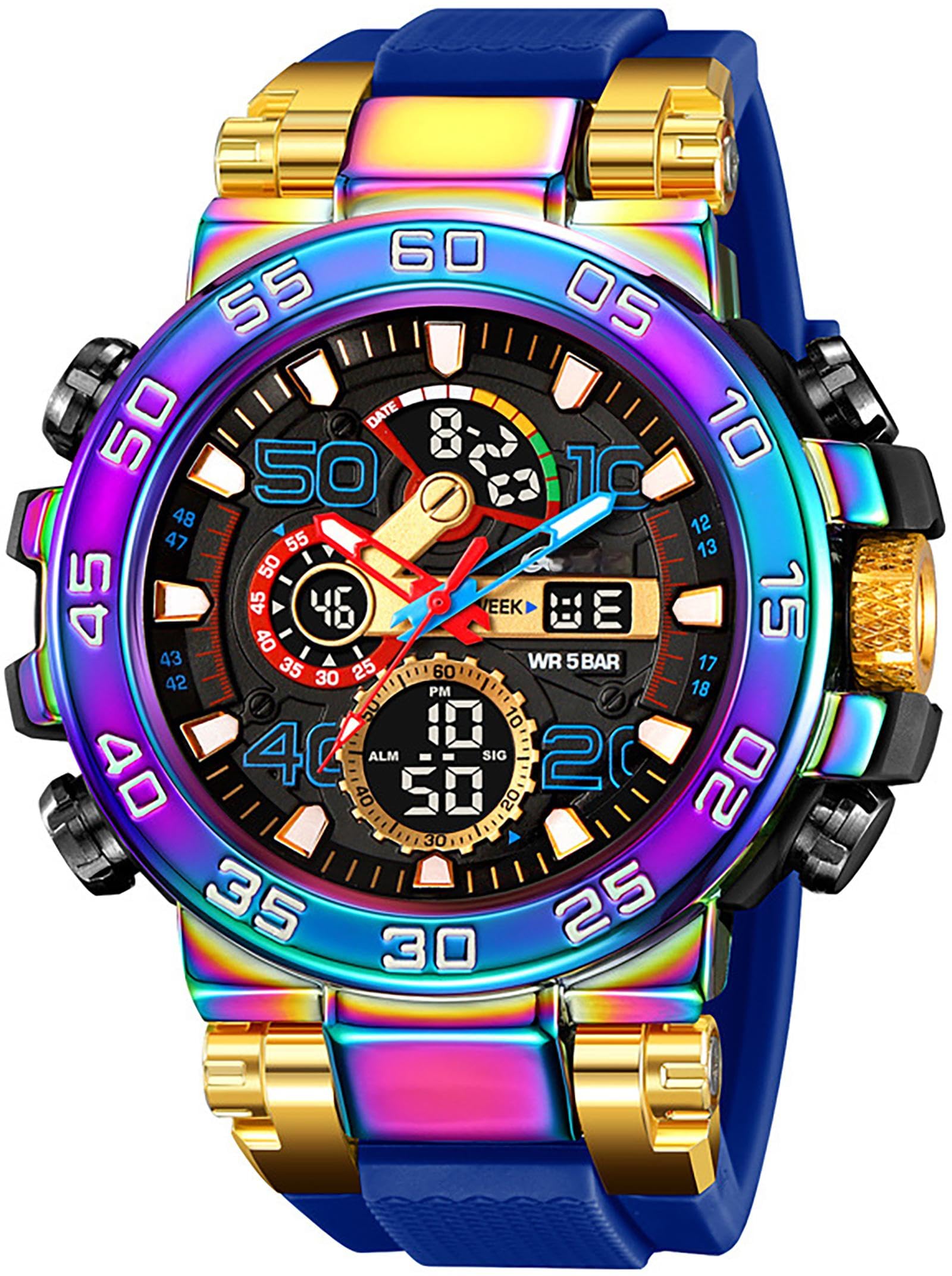 findtime Relojes coloridos para hombre 5ATM resistente al agua reloj digital con doble hora 12/24H indicador LED fecha cronómetro reloj grande para hombre moderno diseño militar