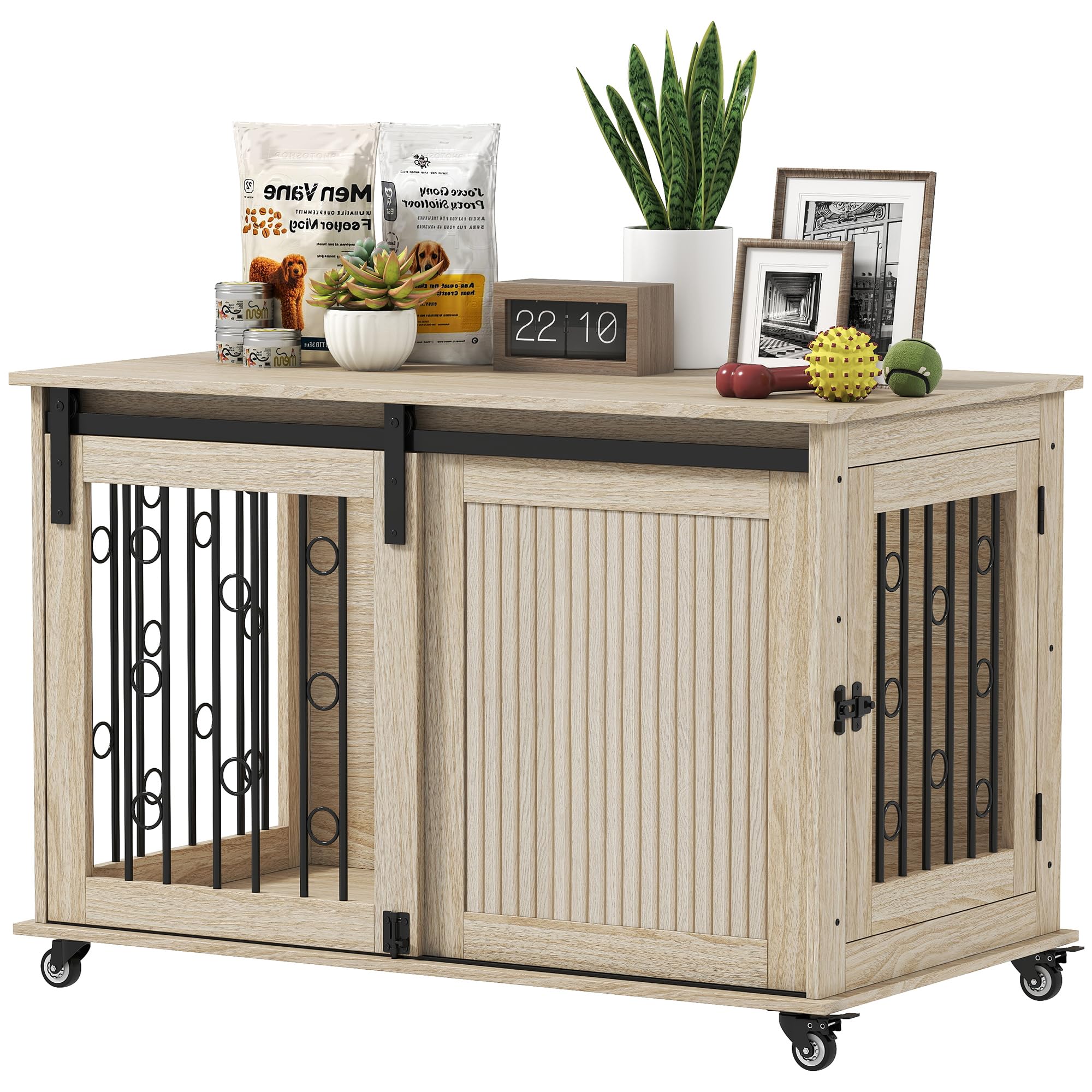 PawHut Jaula para Perros con Ruedas, Mesa Auxiliar, Casa para Mascotas Moderna con 2 Puertas y Cierre, para Perros Medianos y Grandes, 100x56x65 cm, Roble