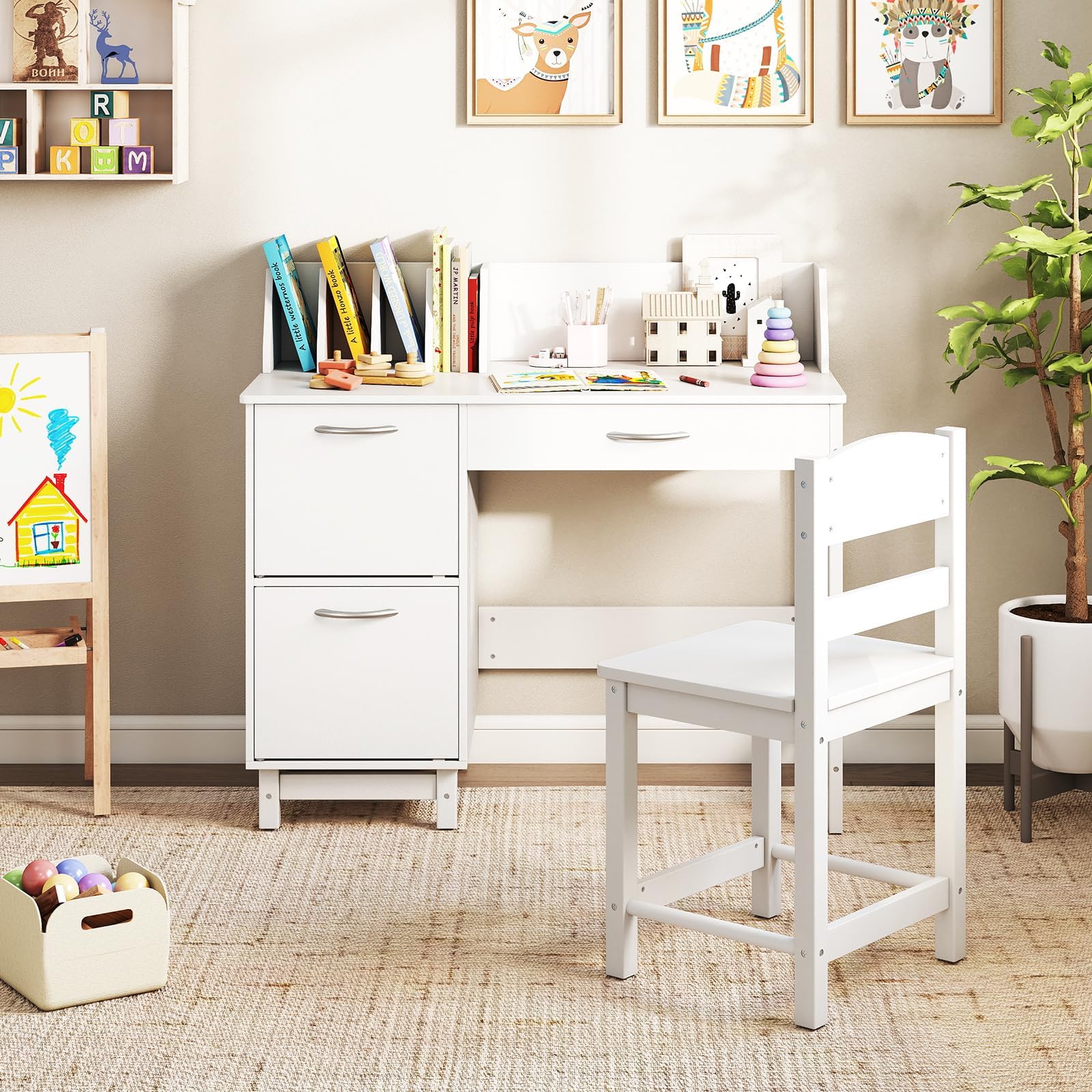 COSTWAY Schreibtisch Kinder Set mit Stuhl, Kinderschreibtisch mit Stauraum, Schülerschreibtisch mit Regal, offener Ablage & Schrank, Jugendschreibtisch für Jungen & Mädchen ab 3 Jahren (Weiß)
