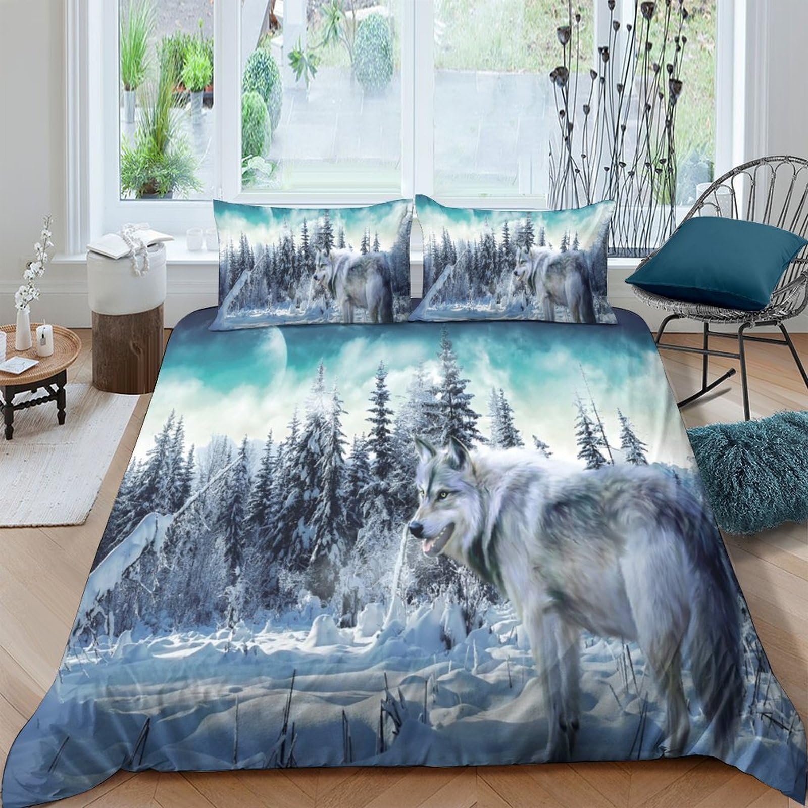 GPLZQXKJNH 3D Printed Forest Wolf Duvet Cover Microfiber Soft Breathable Winter Landscape Bedding Set with 2 Pillowcases for Bedroom Decor Single（135x200cm）