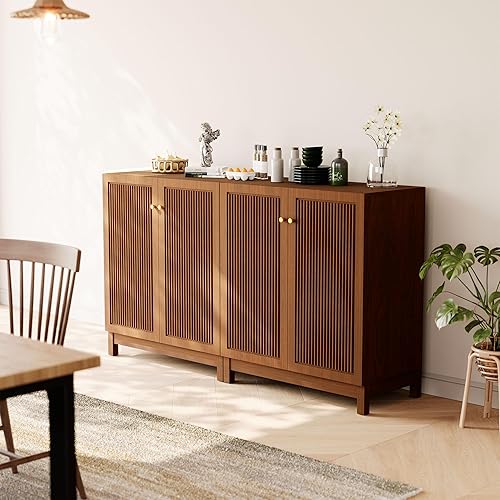 Vista 4 de SUNBURY Armario estriado con almacenamiento, gabinete de acento moderno de mediados de siglo con 2 puertas, aparador buffet con estantes ajustables