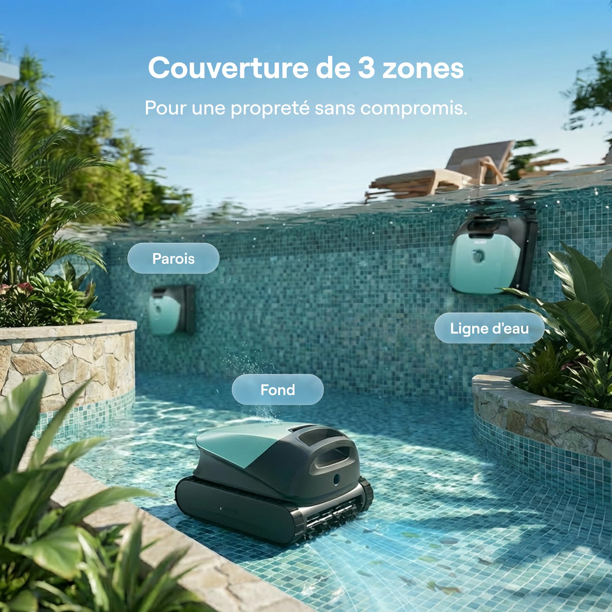 Beatbot Sora 10 Robot Piscine sans Fil 25700 LPH Fond Parois Ligne d'eau Plages Immergées Filtre 5L Spécial Feuilles 300 Min 300m² Vert