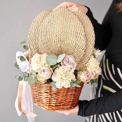 Miniatura 4 de Blulu Paquete de 10 abanicos de mano grandes de bambú para bodas, abanicos de mano de rafia natural, hechos a mano para invitados, ventilador de