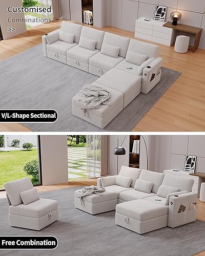 Miniatura 6 de Sofá modular modular con almacenamiento, sofá modular en forma de U con tumbona y otomanas, sofá convertible de 6 asientos para sala de estar con