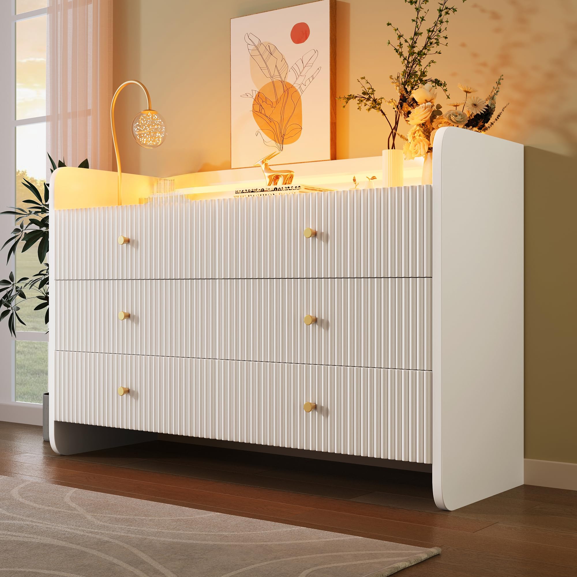 Kredens kredens 120 cm biały Highboard z inteligentnym oświetleniem LED, sześć szuflad, rowkowanie, kształt fali, sterowanie aplikacją z materiału drewnopochodnego, meble pomocnicze, do biura domowego