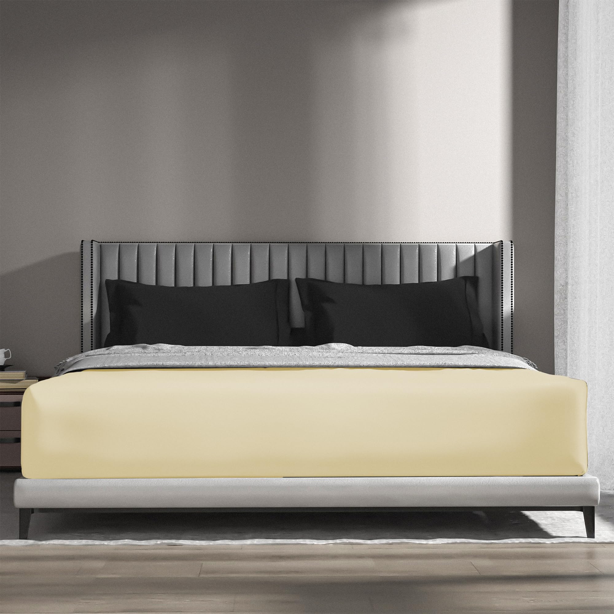 wyewye Super King Fitted Sheet, Cream, 180x200 cm with 40 cm Super Deep Pocket, Microfiber Fabric Bed Fitted Sheets - Image 3