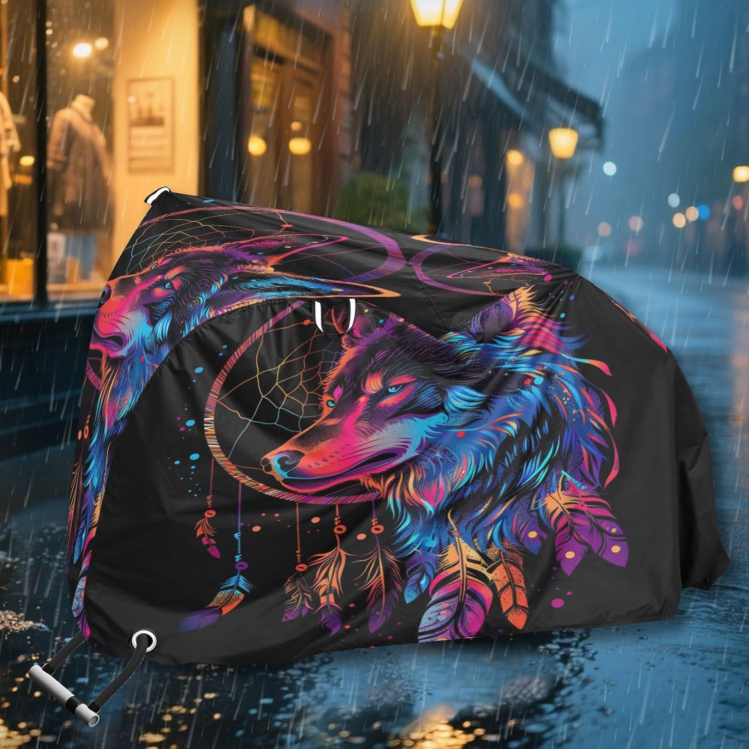 ALAZA Dreamcatcher Wolf Rainbow Color Bike Cover Waterproof Outdoor Ebike Bicycle Covers Tarp Protection for 1/2 Bikes, Sun UV Dust Wind Proof