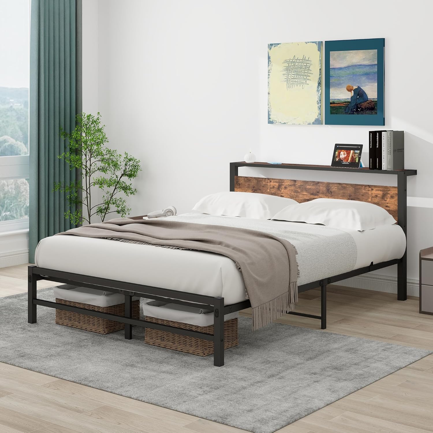 ARFARLY Queen Bed Frame with Wood Storage Headboard,Platform Bed Frame Queen Size,No Box Spring Needed,Strong Slats Mattress Foundation,Easy Assembly,Black+Brown - Image 6