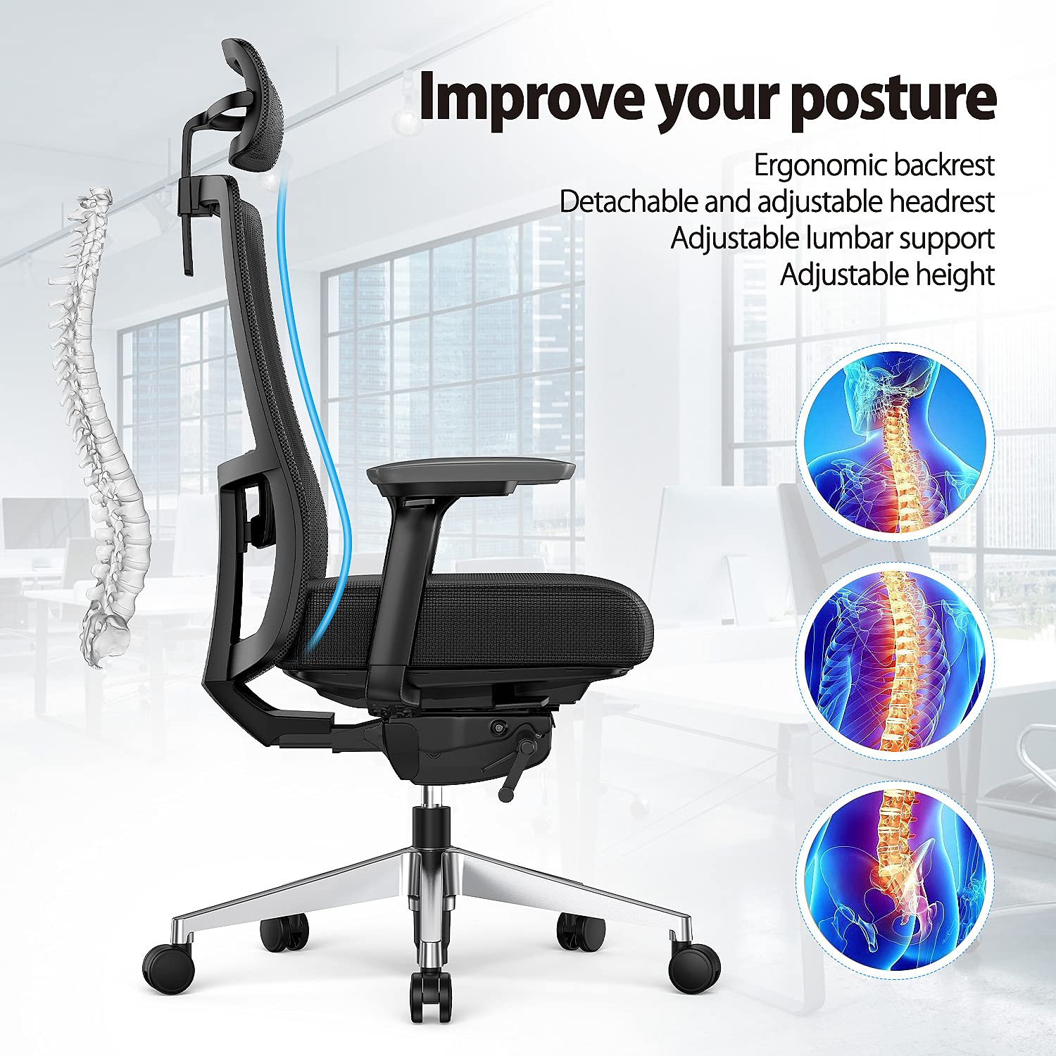 Duwinson Ergonomic Home Office Chair With 4Way Adjustment Armrest