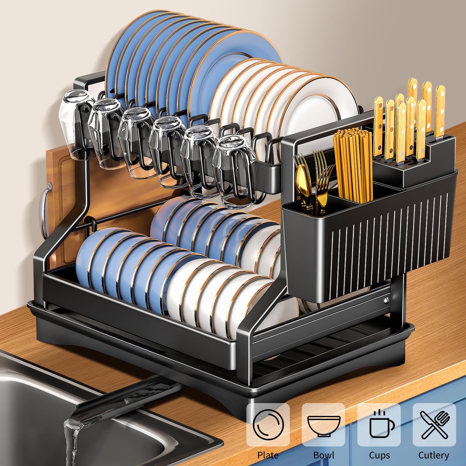 UCAMP Kitchen Dish Drainer with 2 Levels, Stainless Steel Dish Drainer, Utensil Holder, Cup Holder and Drip Tray, Black
