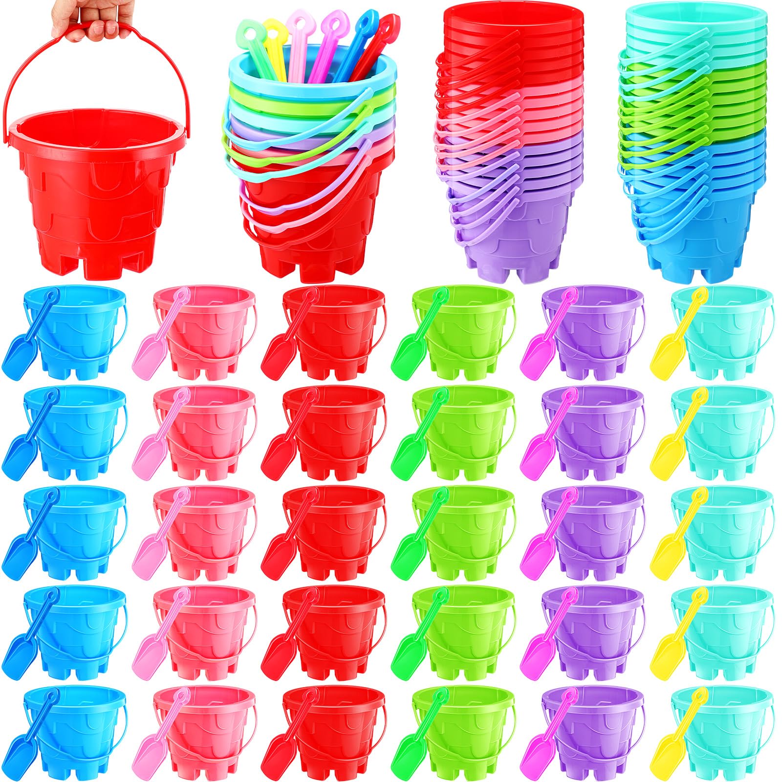 60 Pcs Beach Sand Buckets and Shovels, Include 30 Beach Sand Pail Sand Bucket 6 Colors Bucket with a Castle Design Inside and 30 Sand Shovels for Boys and Girls Summer Party (7.5 x 5.9 Inch)