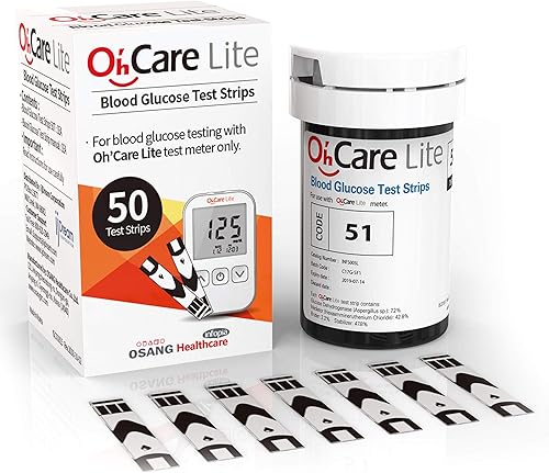 OhCare Lite Tiras de prueba de glucosa en sangre (50 piezas) - Tiras de prueba para diabéticos calibradas para monitor de prueba de azúcar en sangre
