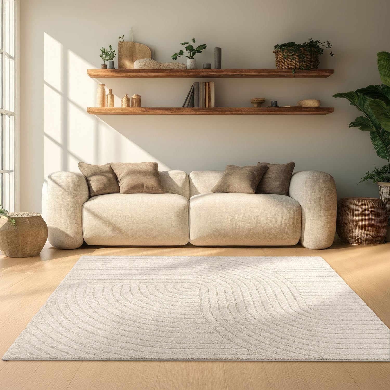 TT Home Alfombra Salón Comedor Pelo Corto Panglao Japandi Design Escandinavo Boho Uni Arcos Tacto Suave Efecto Alto-bajo, Tamaño:240x330 cm