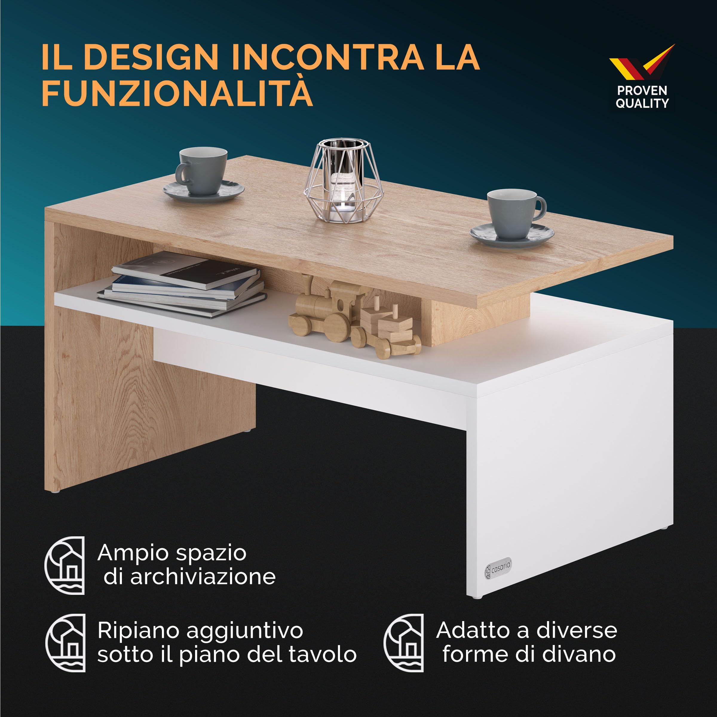 Casaria® Tavolino Salotto da Divano 95x55x50cm Mobiletto Basso in Legno Carico Max 50kg Tavolo Moderno Soggiorno da Caffé da Pranzo Coffe Table Letto