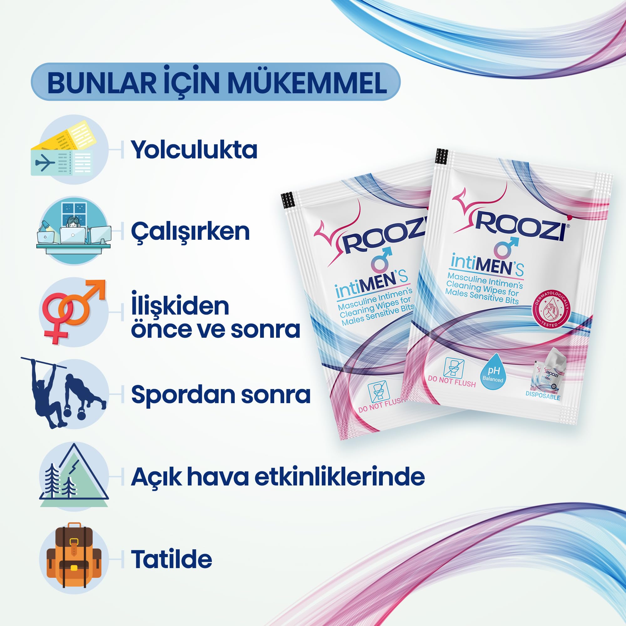 Roozi intiMEN’S – Erkekler İçin Özel Bölge Temizlik Mendilleri, Aloe Vera Konforu, Koku Giderici, Nemlendirici & Nem Desteği Sağlayan, pH Dengeli – 20’li Ayrı Paketlenmiş Mendil