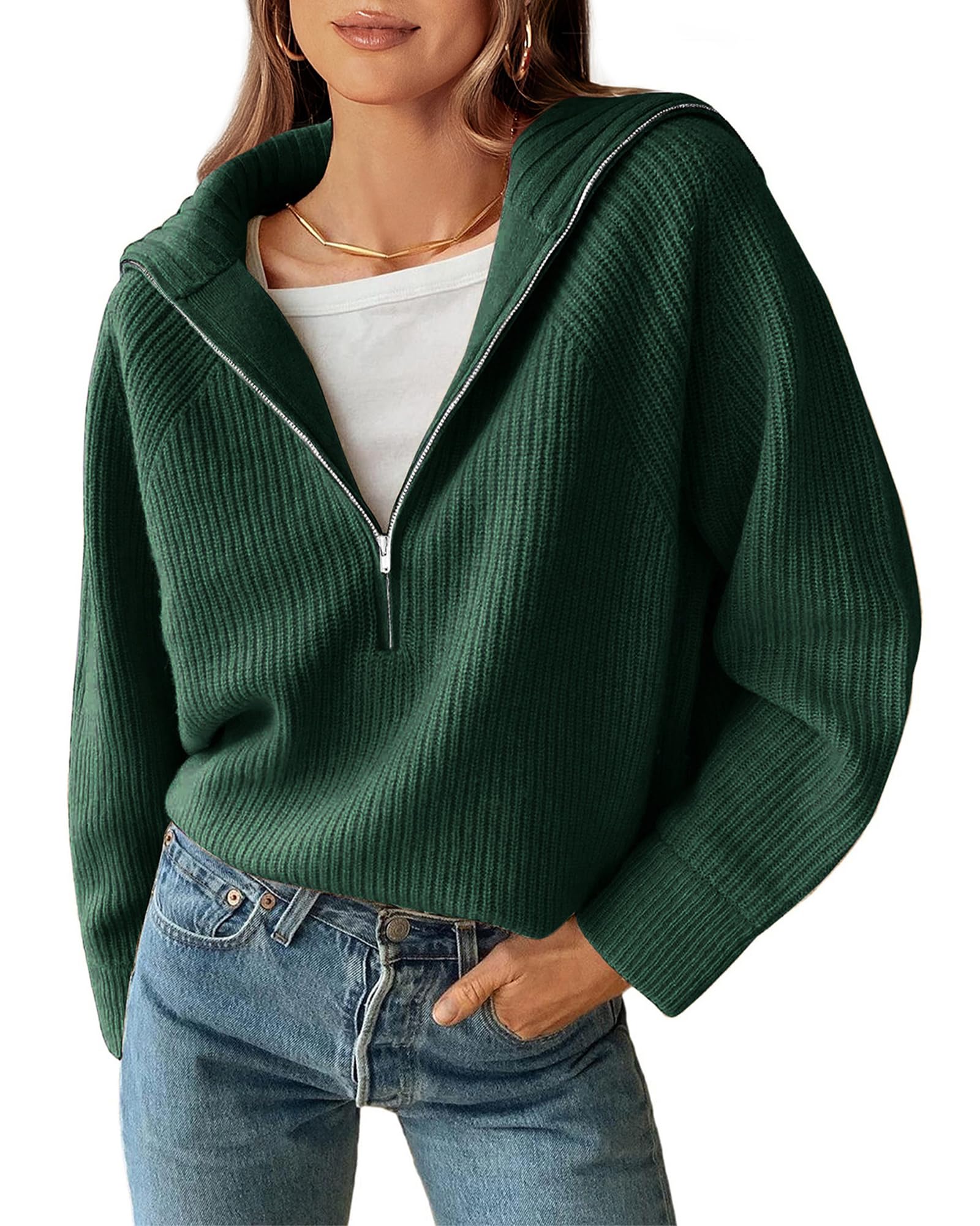 BTFBM Womens Sweaters Quarter Zip Pullover V Neck Collar Long Sleeve Ribbed Knit Loose Casual 2026 Winter Fall Sweater
