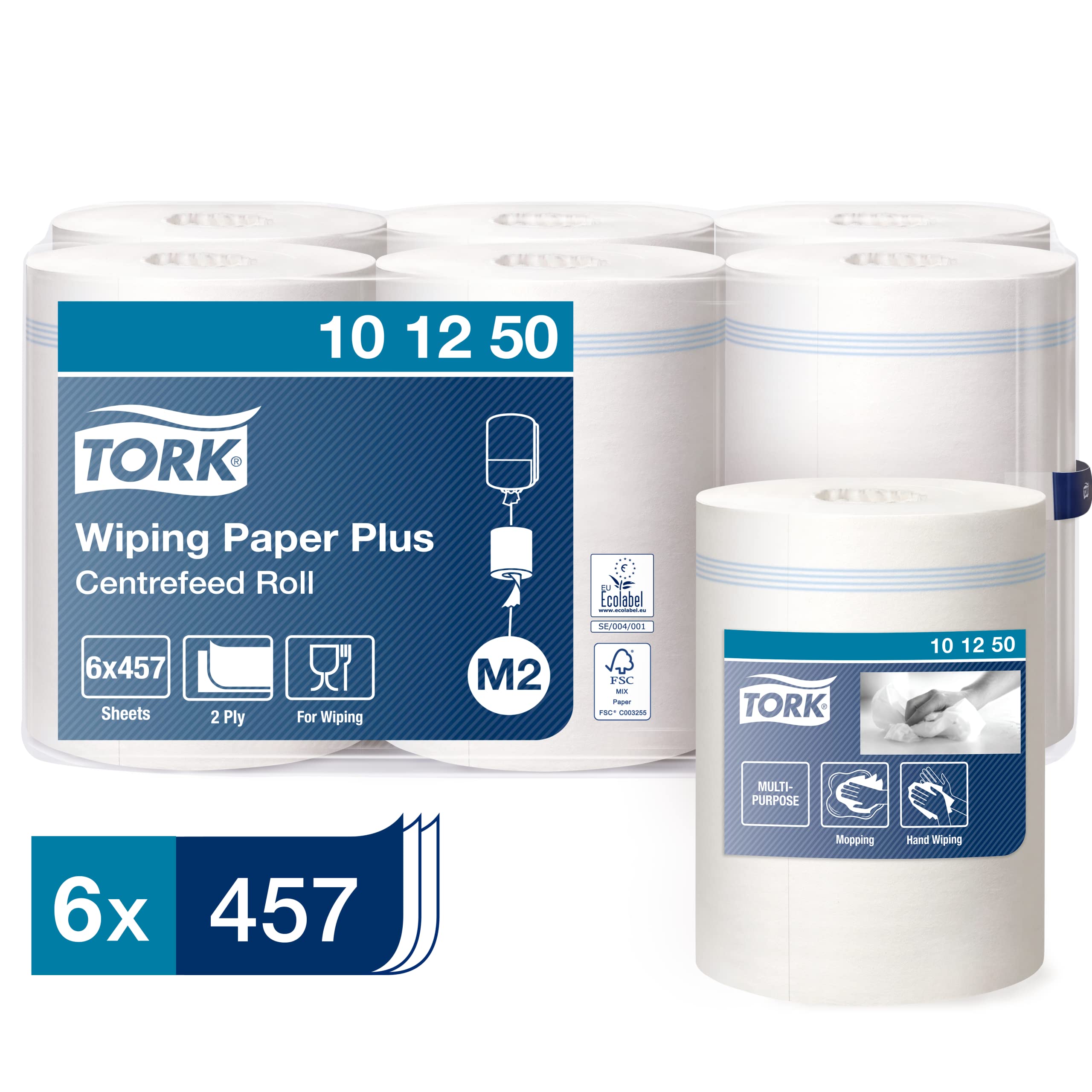 Tork Papier d'Essuyage Plus à Dévidage Central blanc M2, absorbant, 6 x 457 feuilles, 101250