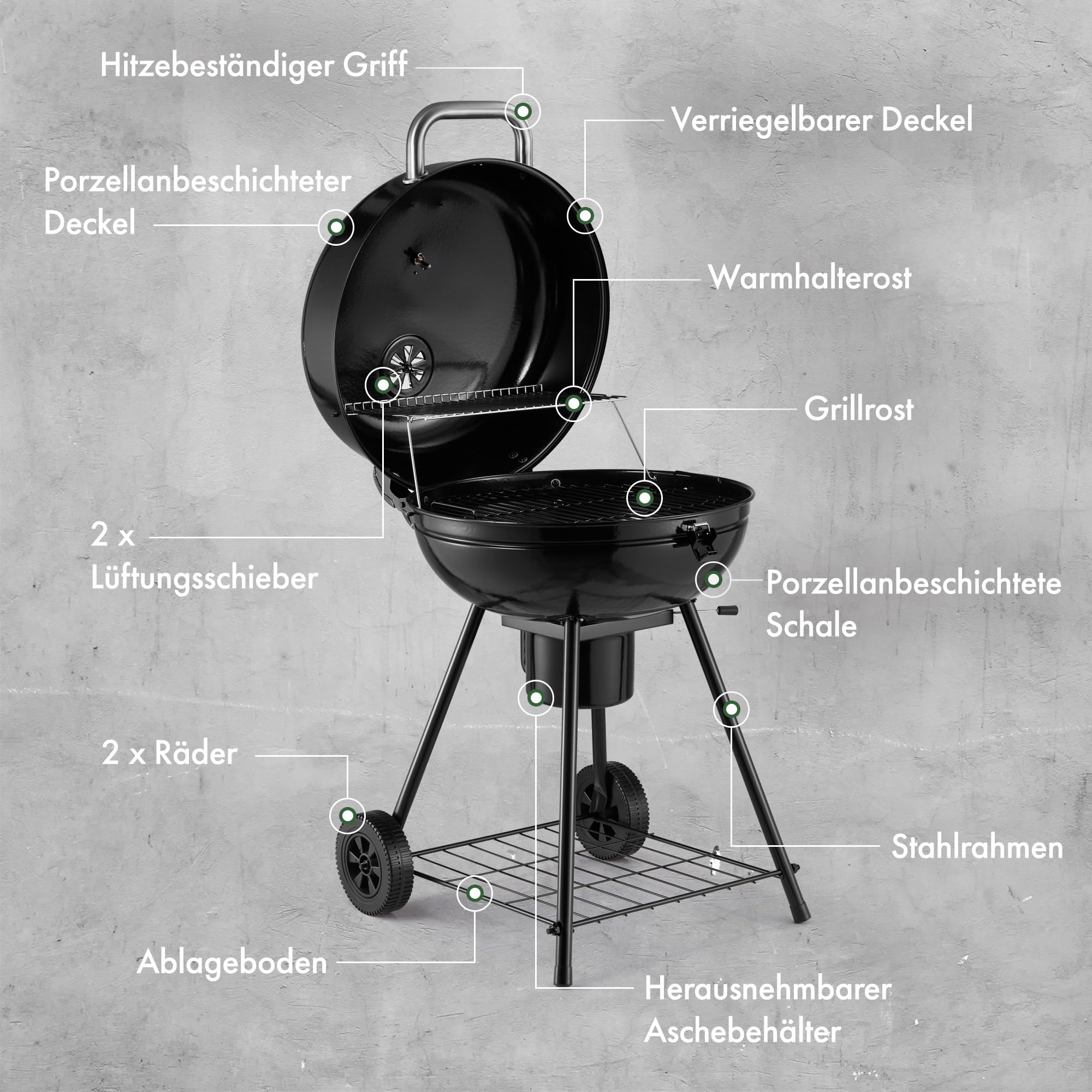 VonHaus Kettle Holzkohlegrill 53.3cm– Tragbarer Kugelgrill mit Warmhalterost, Temperaturanzeige, Ablage, Rädern, Abschließbarem Deckel, Aschebehälter und Großem Grillrost für Fleisch, Fisch und Gemüse