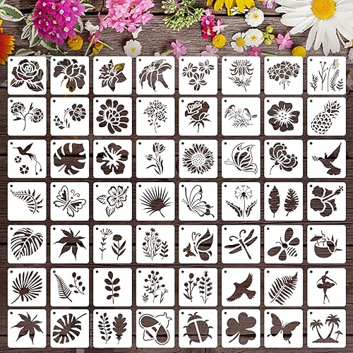 Miniatura 1 de Paquete de 56 plantillas de flores para pintar sobre madera, plantillas de mariposas para pintar, plantillas de pájaros para pintar pared,
