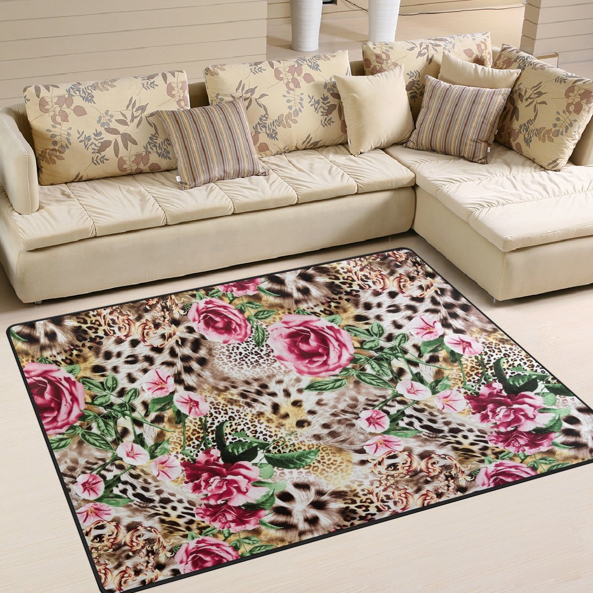 Use7 Multicolor Leopard Print Rose Flower Area Rug Rugs For Living Room Bedroom 160Cm X 122Cm(5.3 X 4 Feet)
