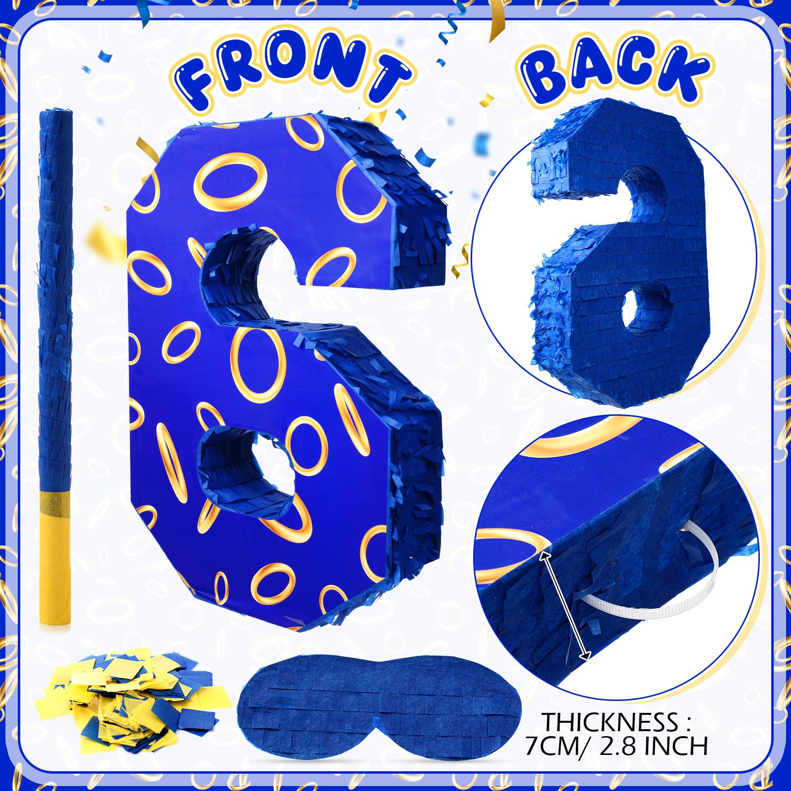 Simgoing Piñata en forme de chiffre 6 avec anneaux bleus et dorés pour anniversaire d'enfants, petite piñata avec bandeau pour les yeux et confettis pour décoration de fête Fiesta Cinco de Mayo, 40 x