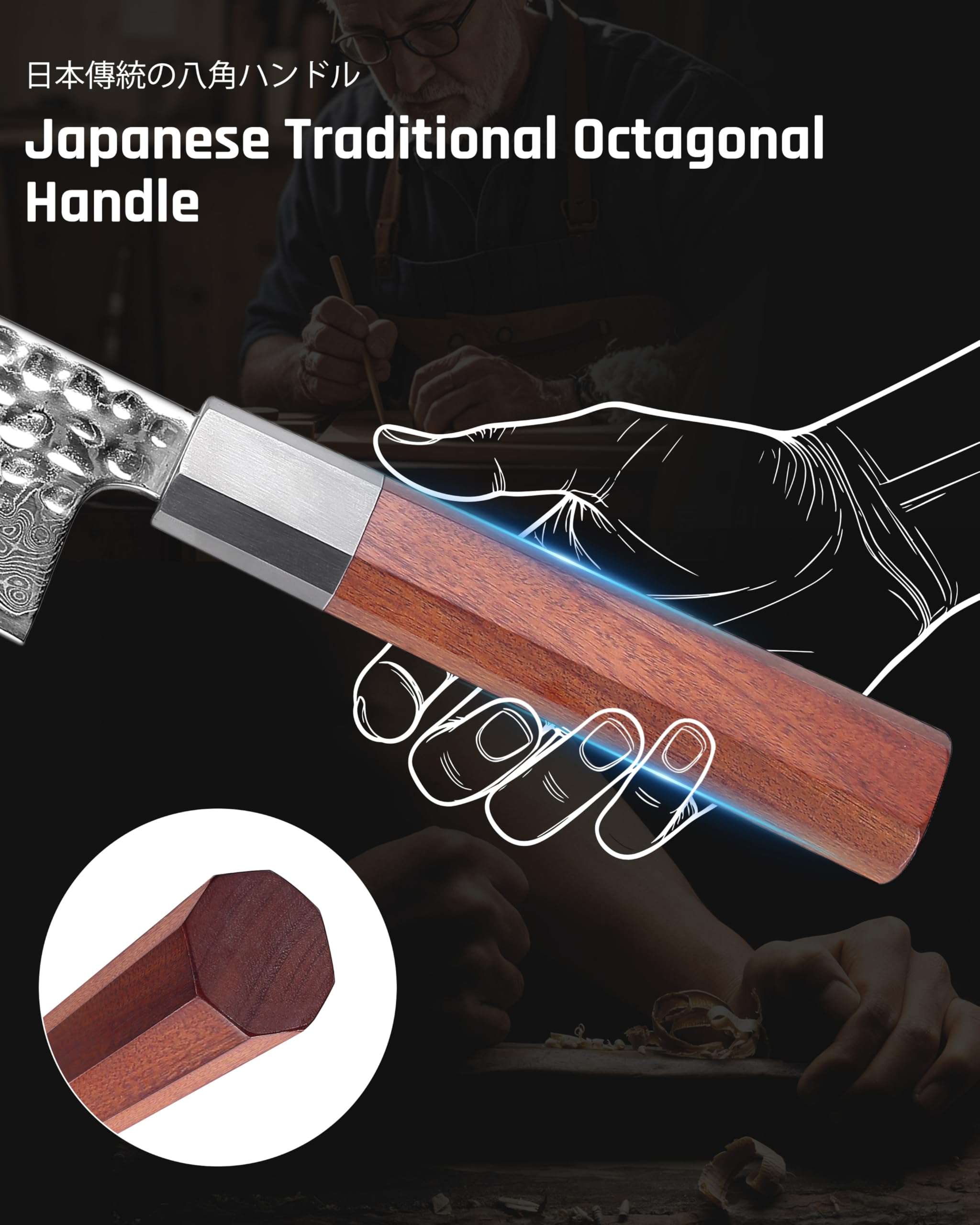 YOTSUBA 3 PCS Japanese Style Knife Set – Natural Rosewood & Damascus Steel — Amazon image 5