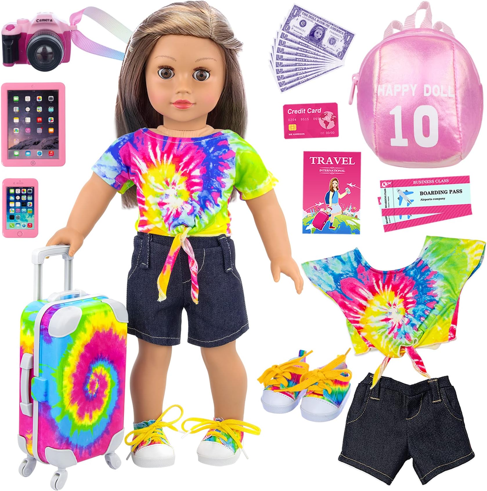 Ecore Fun 18 inch Girl Doll Suitcase Travel Luggage Accessories Play Set - 18" Doll Carrier Storage, Including Suitcase Camera Cell Phone Shoes ect…