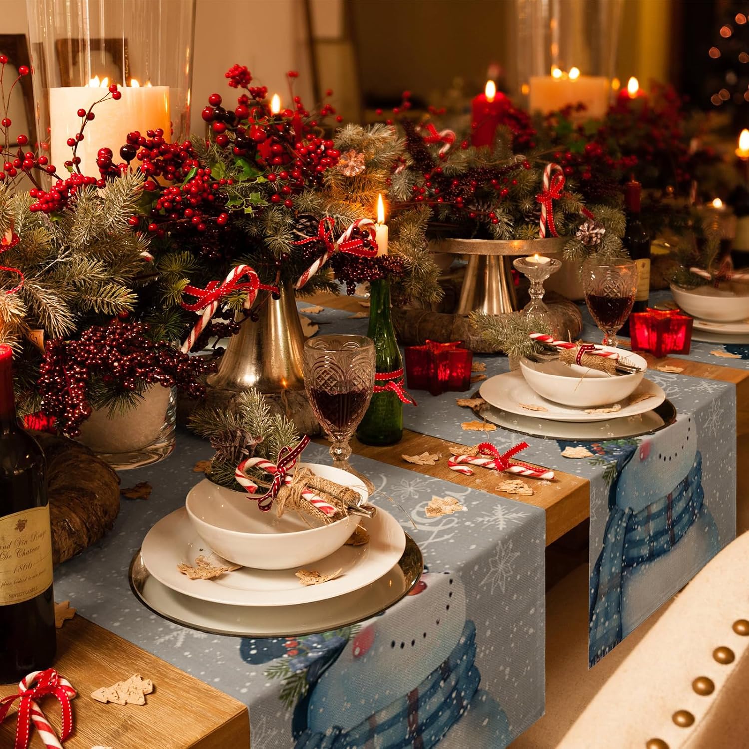 Christmas Table Runner, Grey Snowman Let It Snow Winter Table Runner 108 Inches Long Seasonal Christmas Holiday Table Decoration for Indoor Outdoor Party, 13 x 108 Inch