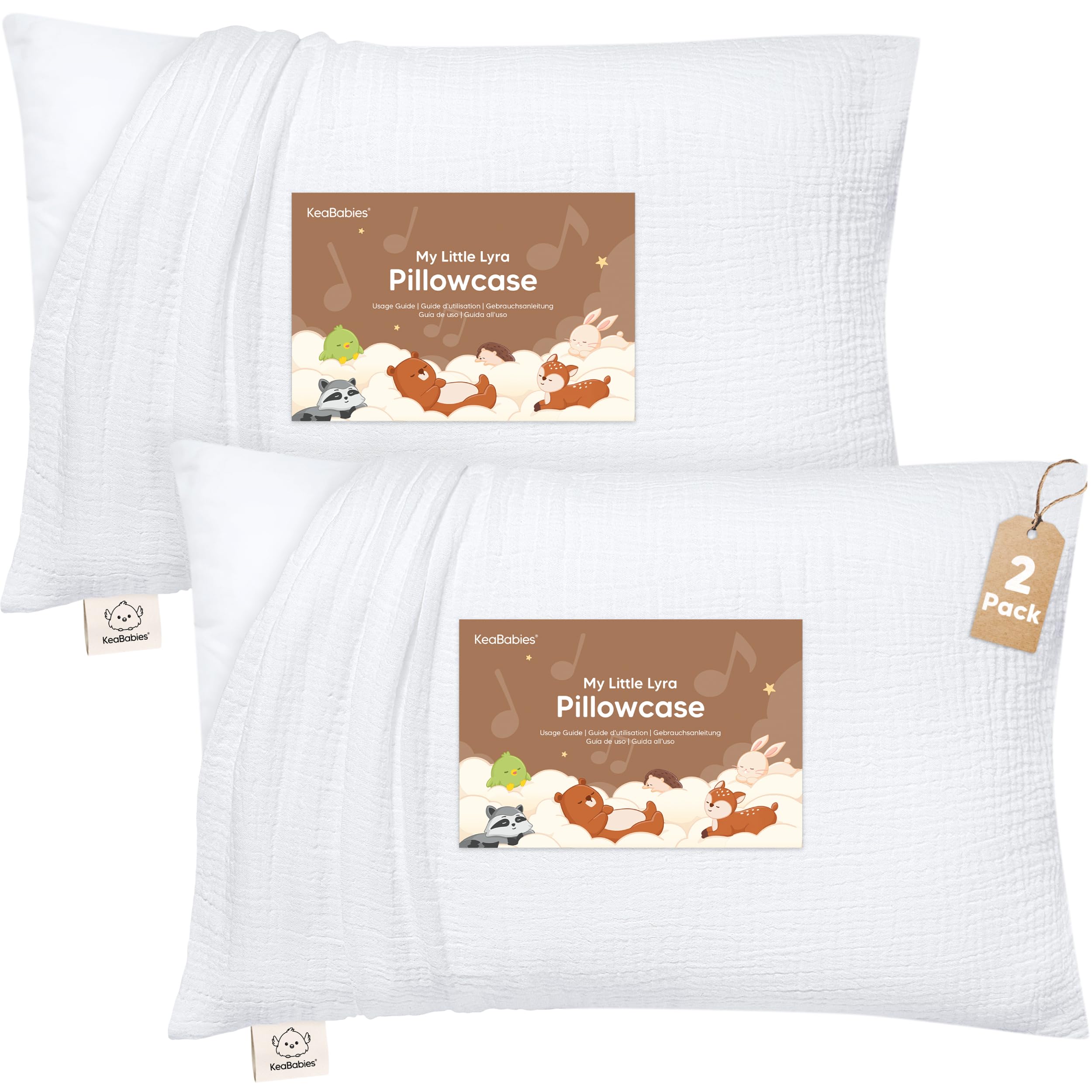 KeaBabies Muslin Toddler Pillowcase 13x18 Only – 2-Pack Organic Cotton Muslin Pillow Case for Kids, Girls, Boys, Small Travel Size Cover, Soft & Breathable Toddler Pillow Sold Separately (Soft White)