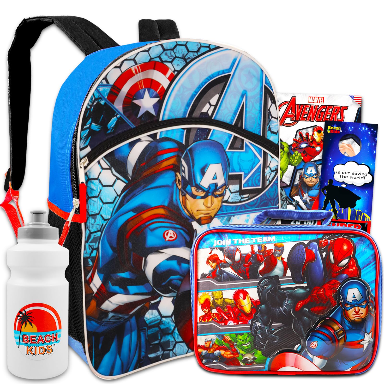Captain America Backpack & Lunchbox For Boys - Bundle with 16" Captain America Backpack, Avengers Lunchbox, Tattoos, & More | Avenger School Bag