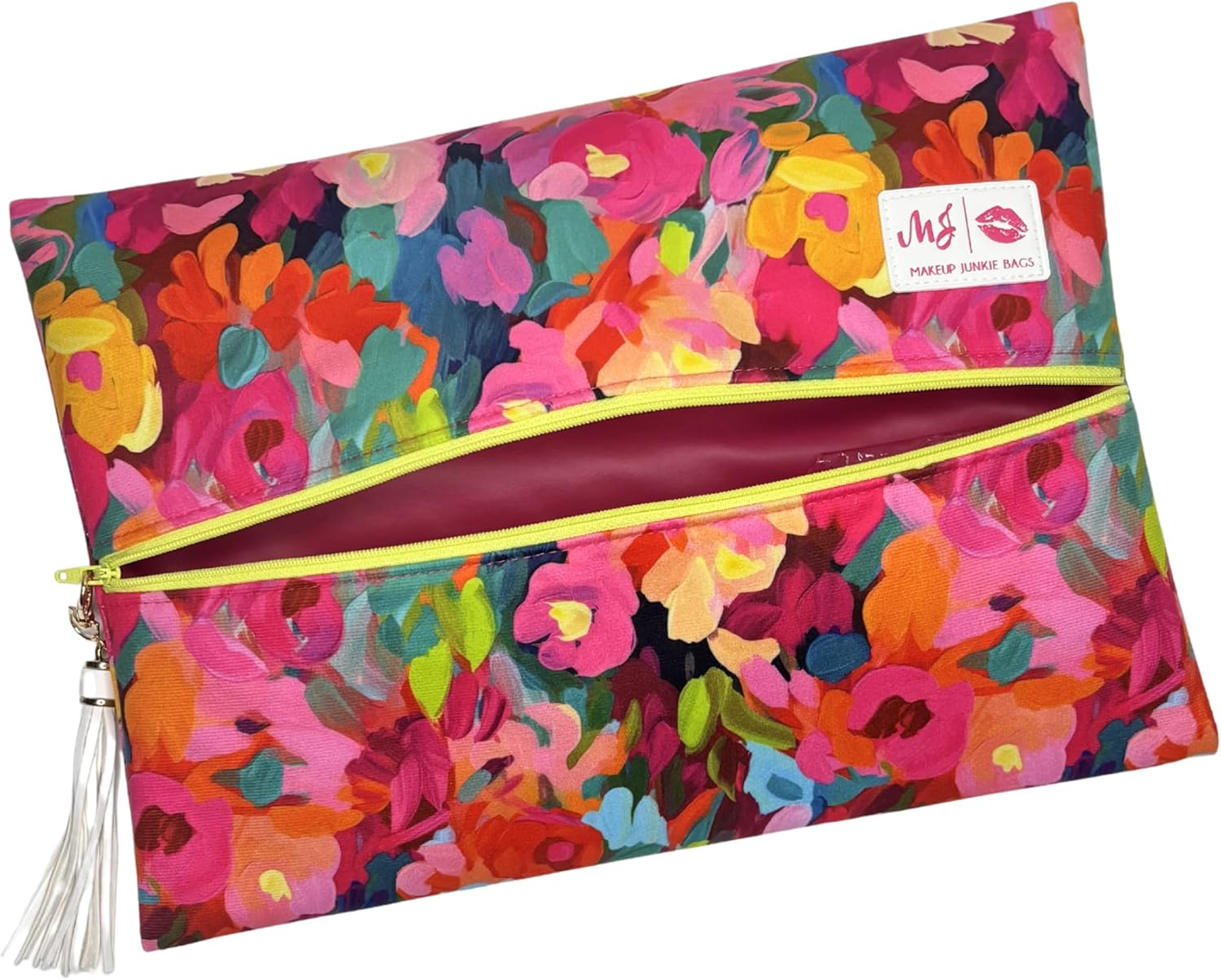 Makeup Junkie Large Makeup Bag - Meadow Magic Vogue Velvet - Patented Lay Flat Travel Toiletry Bag for Women - 9.5" x 13" Handmade USA Professional Cosmetic Organizer