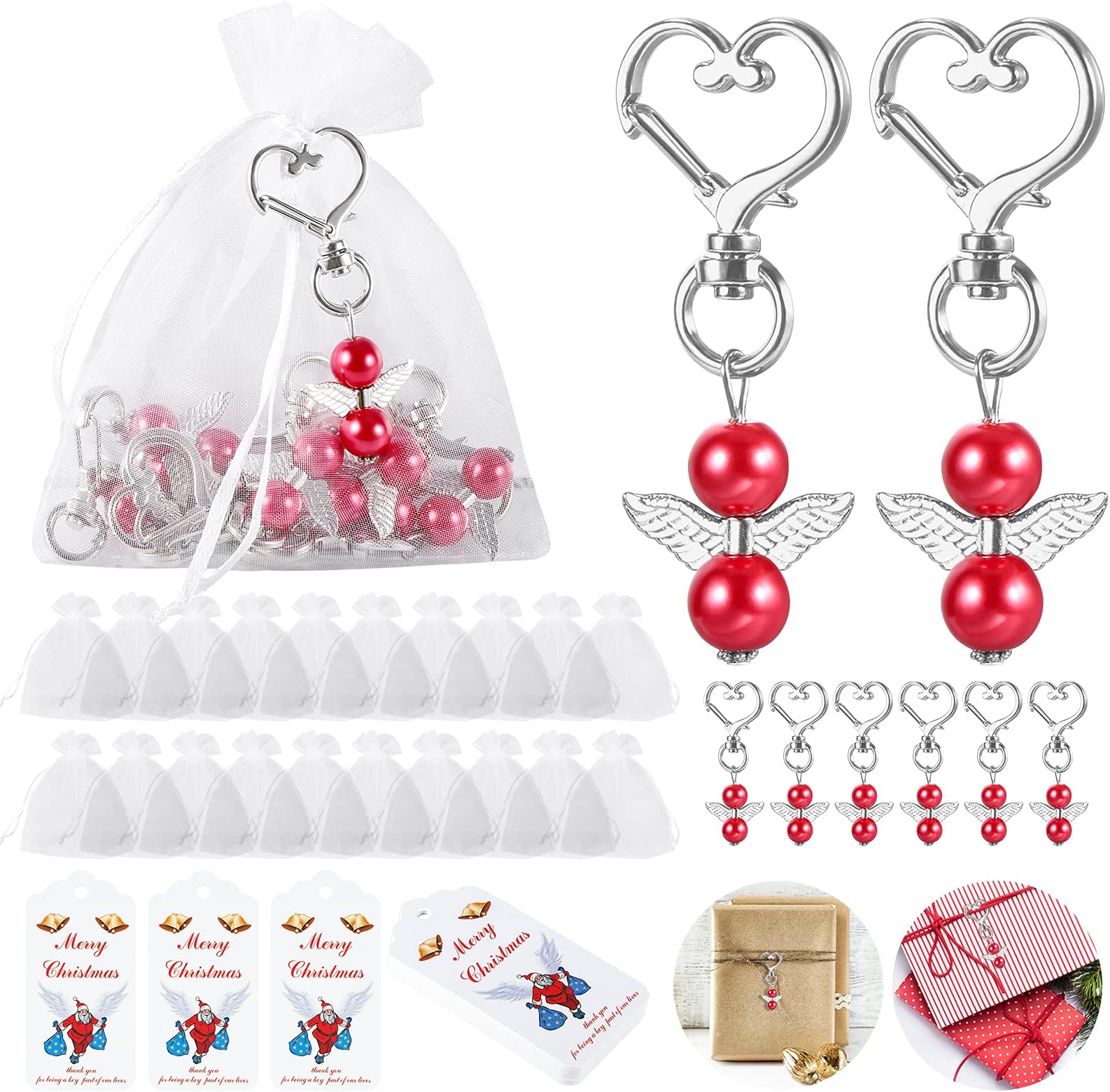 Guardian Angel Keychain, Tensphy 20 Pcs Angel Wings Pendant Keychain With 20pcs Organza Bags And 20pcs Hanging Tags for Guardian Angel Gifts Baby Shower Wedding Favours Party Favours(Red), 14*16*3cm
