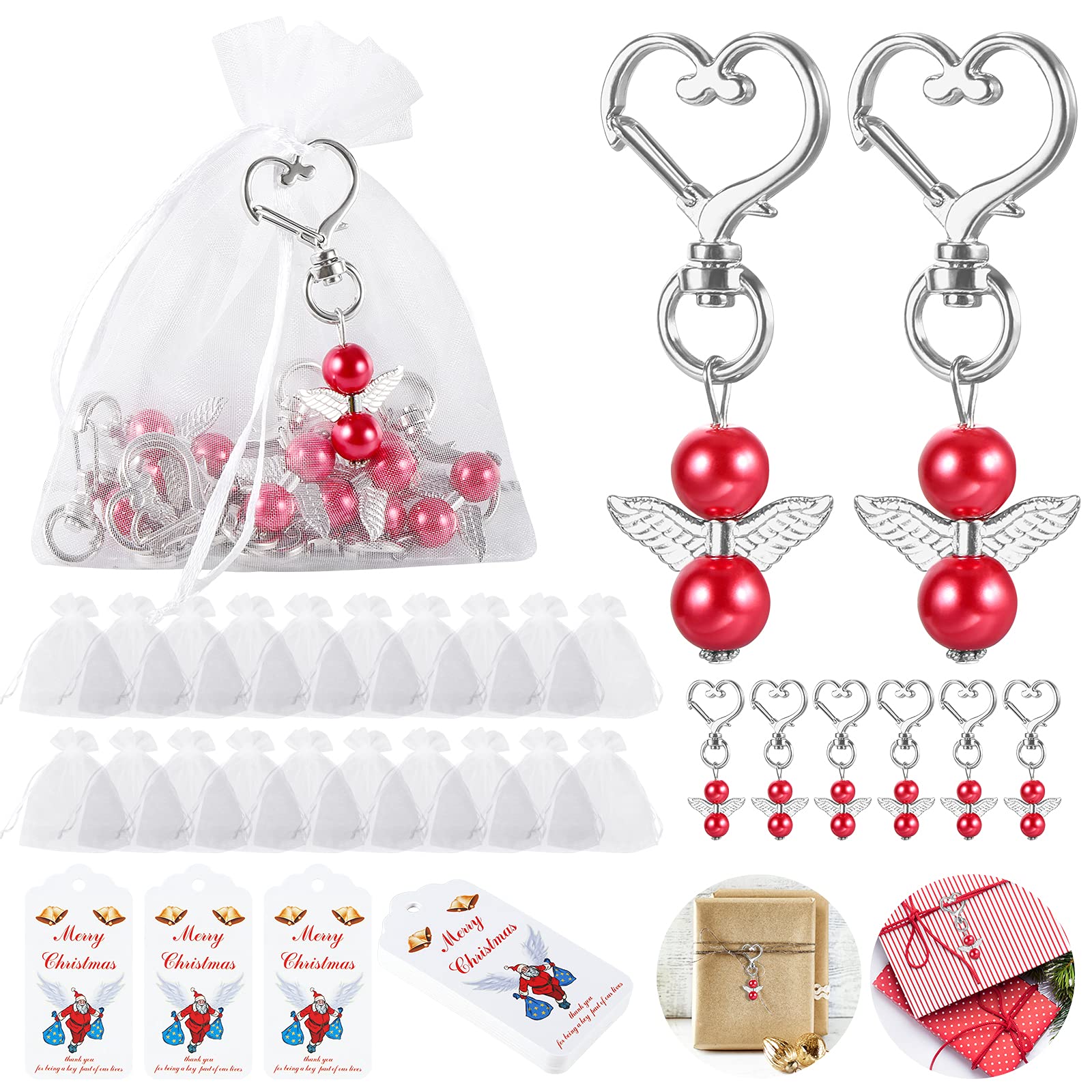 Guardian Angel Keychain, Tensphy 20 Pcs Angel Wings Pendant Keychain With 20pcs Organza Bags And 20pcs Hanging Tags for Guardian Angel Gifts Baby Shower Wedding Favours Party Favours(Red), 14*16*3cm